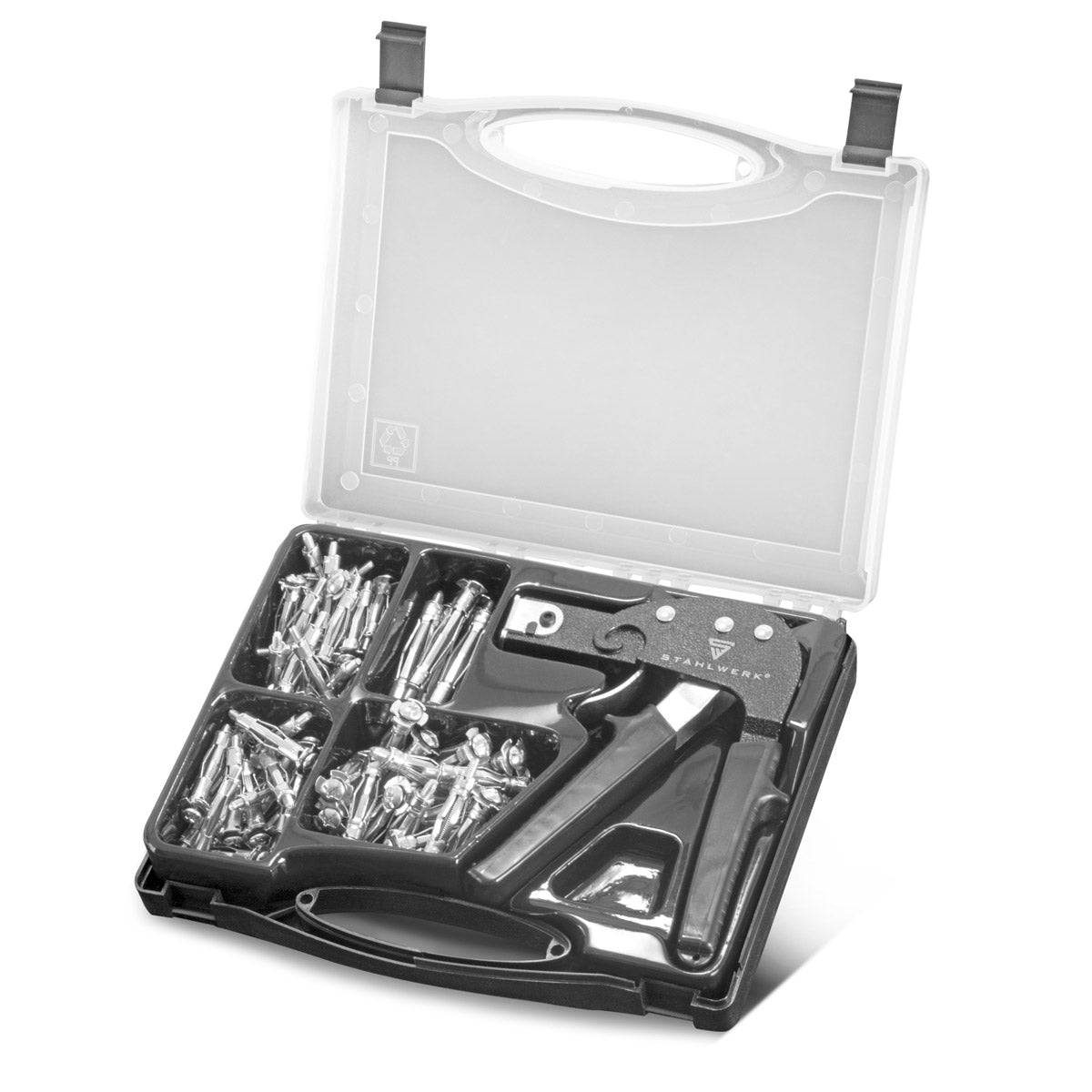 STAHLWERK Hohlraumdübel-Zange im Set mit Metall-Hohlraumdübeln M4 x 32 | M4 x 38 | M5 x37 | M5 x 52 | 72-teiliges Metalldübel-Set mit Dübel-Zange für Trockenbau-Arbeiten