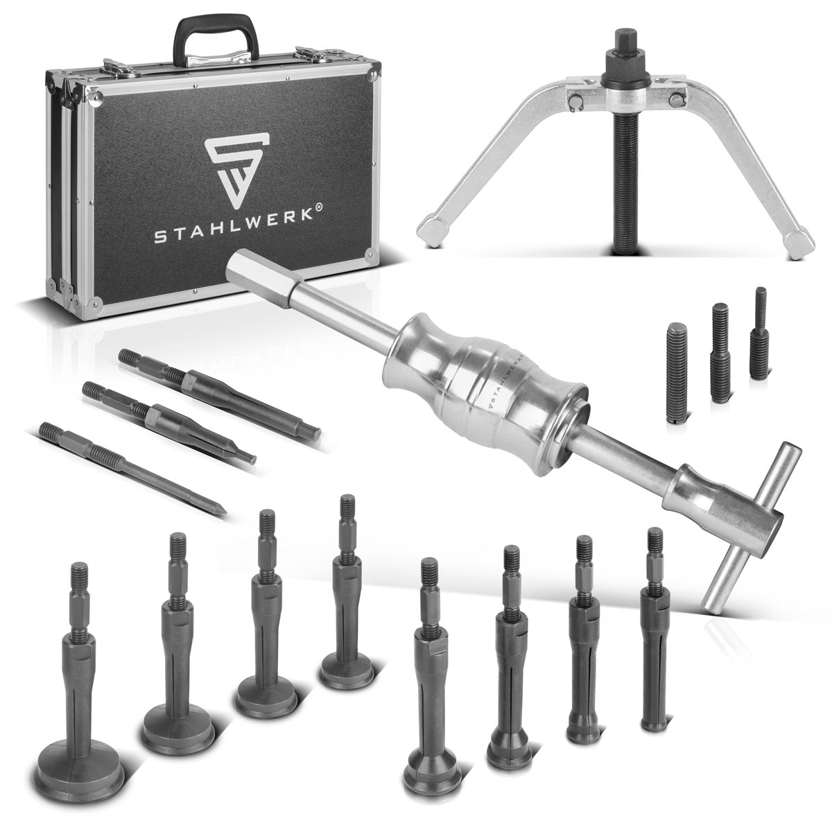 Juego de extractores de rodamientos inferiores de agujero ciego STAHLWERK con martillo deslizante, 3 adaptadores y 10 extractores de rodamientos. Herramienta especial de 16 piezas para quitar rodamientos inferiores.
