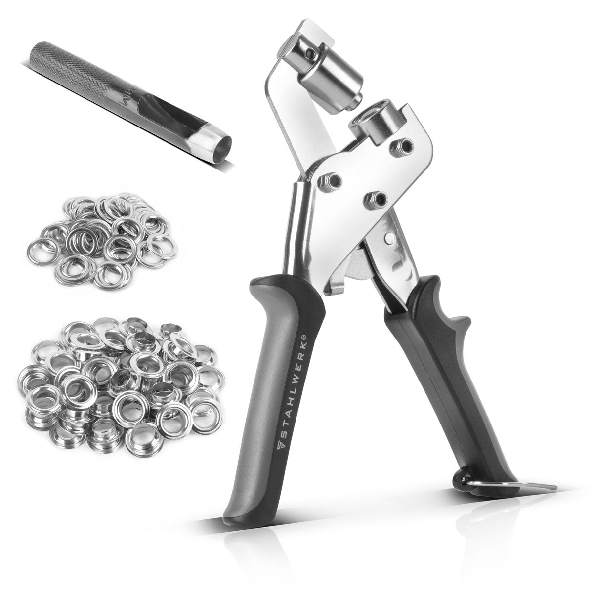 STAHLWERK Ösenzange Set 10 mm mit Lochstanze und 250 Ösen magnetische Profi-Ösenzange | Ösenpresse | Ösenstanze | Ösenwerkzeug aus gehärtetem Stahl