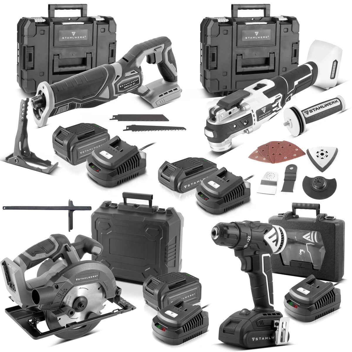 STAHLWERK brushless battery set | Hand circular saw AKS-20 ST | Oscillating multifunctional tool OMTB-20 ST | Reciprocating saw BRS-20 ST | Drill driver ABS-18 ST