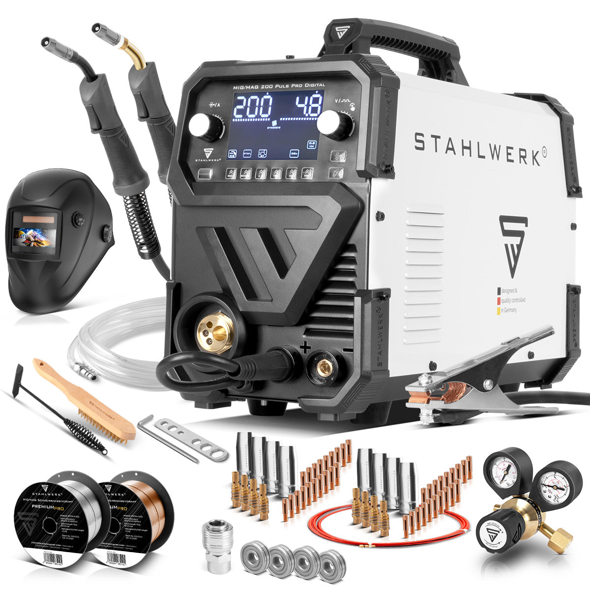 STAHLWERK MIG MAG 200 Spot Puls Pro Digital Vollausstattung Schutzgas-Schweißgerät | IGBT Inverter 200 A | Synergischer Drahtvorschub | 4-Rollen-Antrieb | FLUX, Lift-TIG, MMA, CuSi | MIG-Puls für Alu