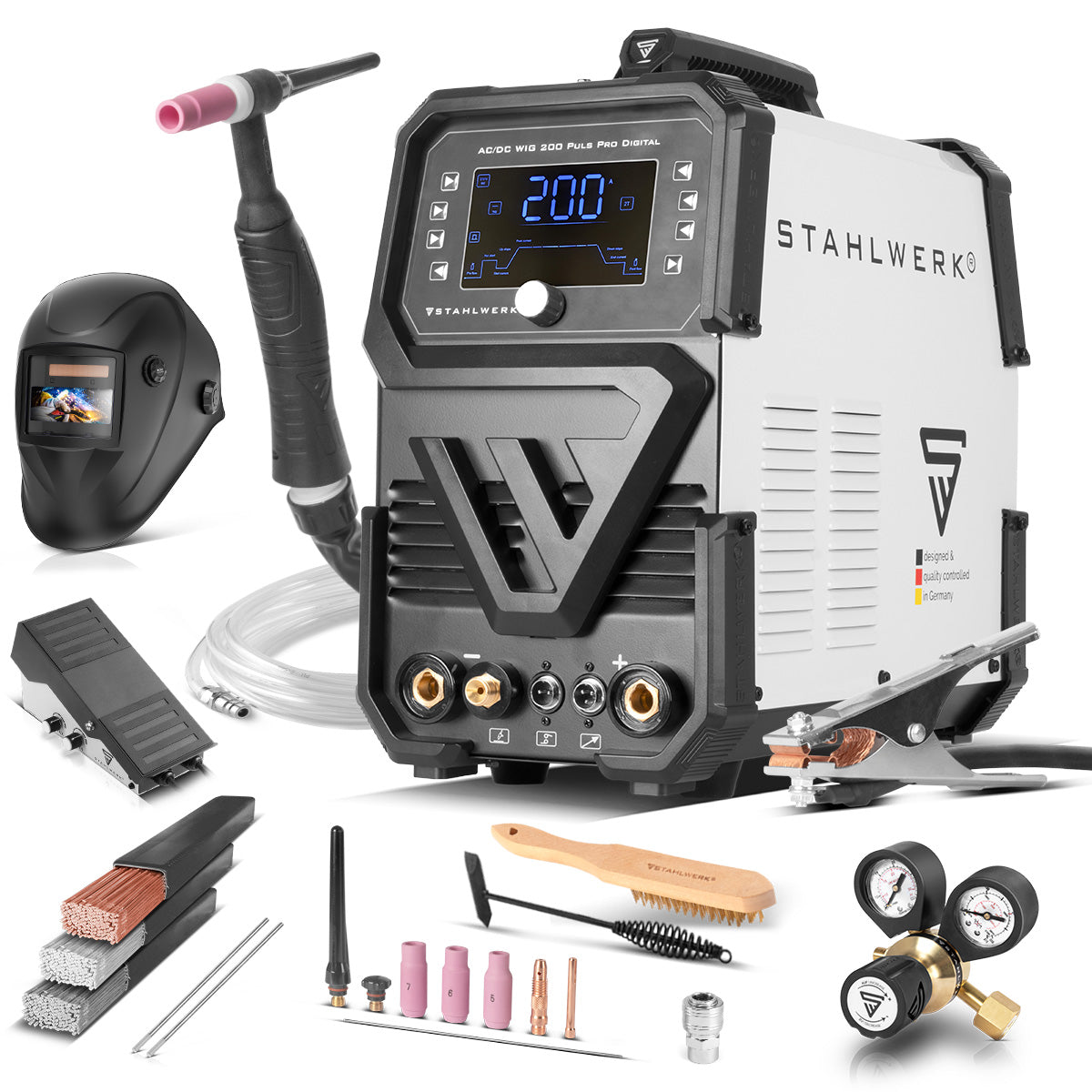 Soldadora STAHLWERK con gas protector AC/DC TIG 200 Puls Pro Inversor IGBT digital totalmente equipado con 200 amperios, función ARC/MMA, memoria de trabajo, función de pulso y punto, adecuado para aluminio y chapa fina