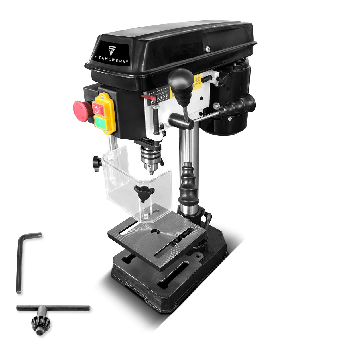 Taladradora de columna STAHLWERK BD-350 ST | Taladro de Banco Preciso 350W para Bricolaje, Construcción Metálica | Diámetro de perforación Ø 13 mm | 620 - 2.620 rpm | Mesa de perforación robusta y base metálica para mayor estabilidad.