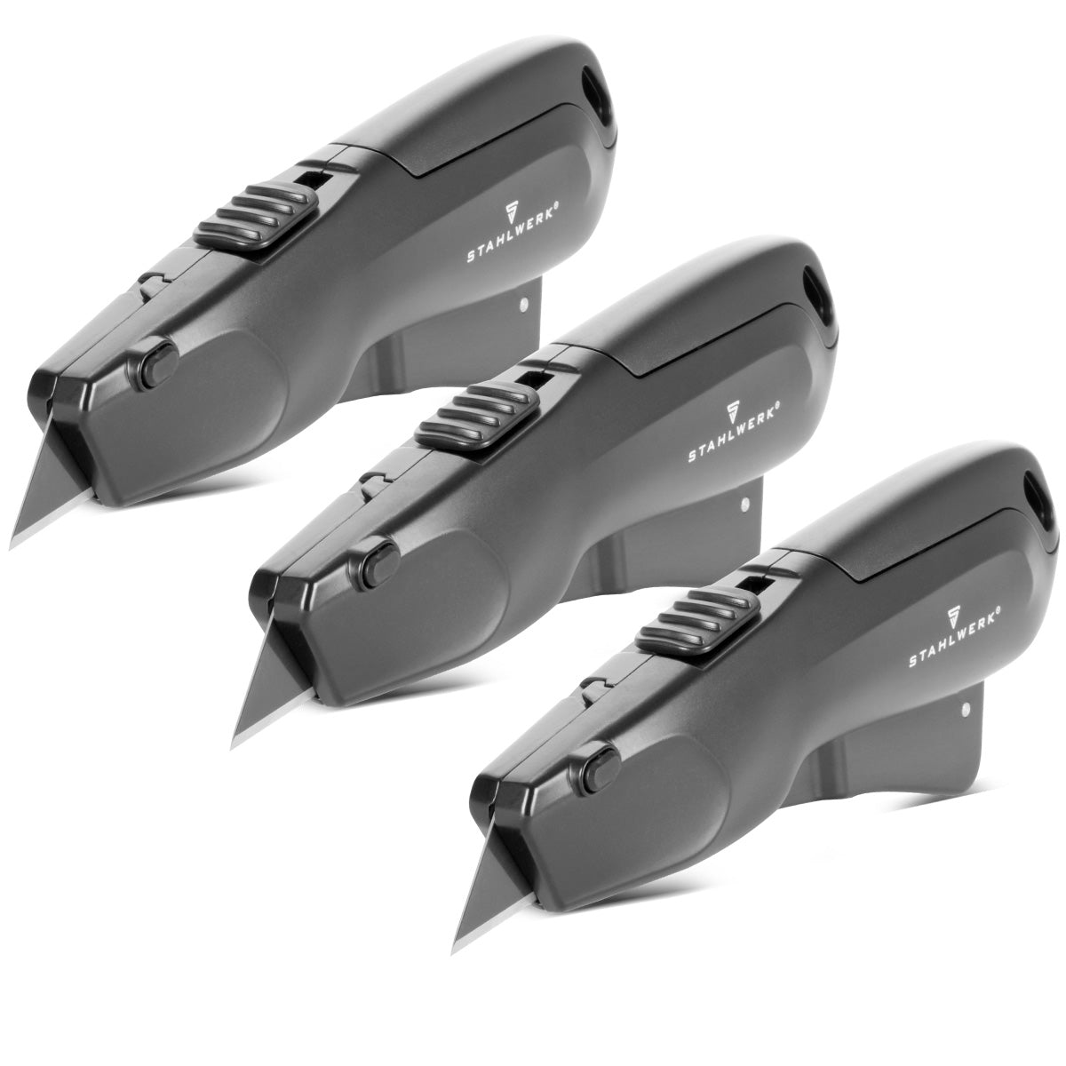 Coltello da taglio STAHLWERK UCM-19 ST set da 3 con lama a cambio rapido, ritiro automatico della lama e taglierina con blocco di sicurezza | Coltello per tappeti | Coltello di sicurezza | Coltello per pacchi | Taglierino