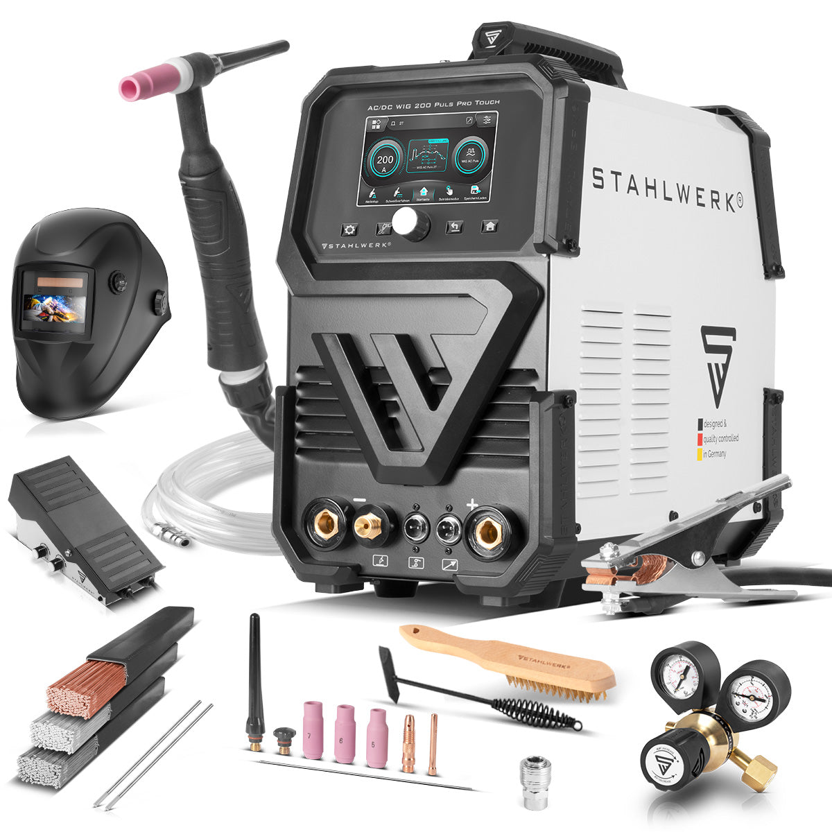 Saldatrice a gas inerte STAHLWERK AC/DC TIG 200 Puls Pro Touch inverter IGBT da 200 A completamente equipaggiato | Funzione ARC/MMA | Archiviazione lavori | Funzione pulsata e spot adatta per alluminio e lamiere sottili