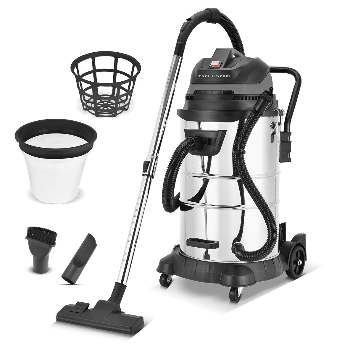 Aspiraliquidi STAHLWERK VCL-1400 ST | Aspiratore industriale da 1400 W con contenitore metallico da 60 L | Funzione di soffiaggio e scuotimento della polvere, spegnimento di sicurezza | Potente aspirapolvere da officina con accessori