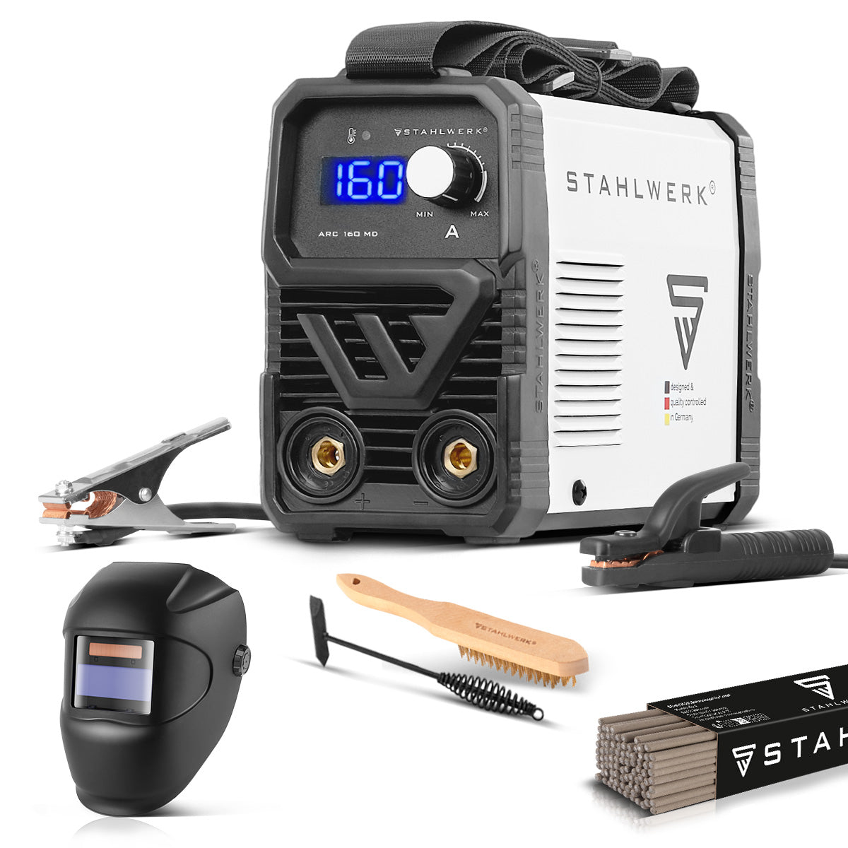 STAHLWERK ARC 160 MD Vollausstattung Elektroden-Schweißgerät - DC MMA, E-Hand, Lift-TIG Welder | Stufenlos regelbar | Echte 160 Ampere | Sehr kompakt und leicht | Hot-Start, Anti-Stick, Smart-Kühlung | IGBT-Technologie