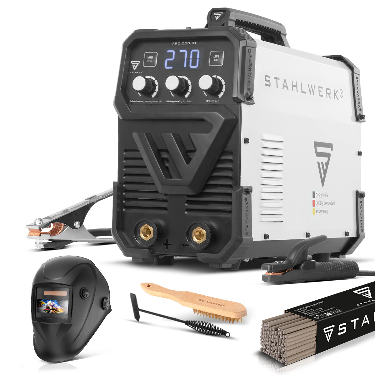 Saldatrice IGBT completamente attrezzata STAHLWERK ARC 270 ST Saldatrice DC MMA / E-hand, funzione lift-TIG con 270 A reali, molto compatta, 400 V, bianco