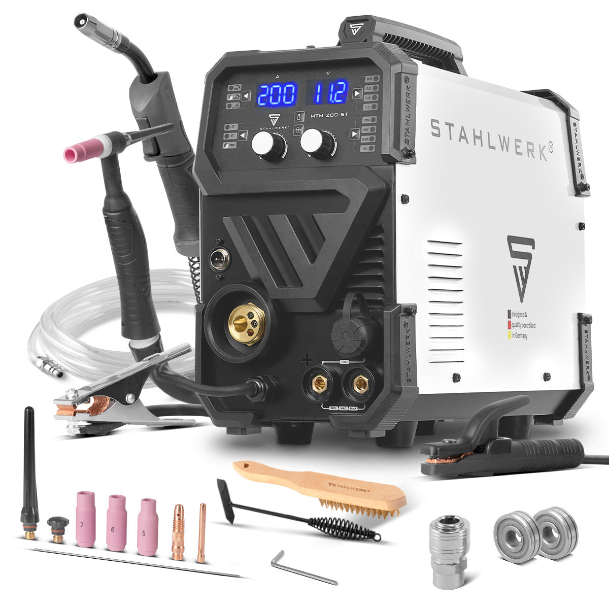 STAHLWERK MTM-200 ST 3-in-1 Schutzgas-Schweißgerät | 200 A Kombi-Inverter für WIG, MIG/MAG, MMA, FLUX, CuSi3-Löten | HF-Zündung | Synergischer Drahtvorschub | VRD und Hotstart | 2-Takt / 4-Takt Modus