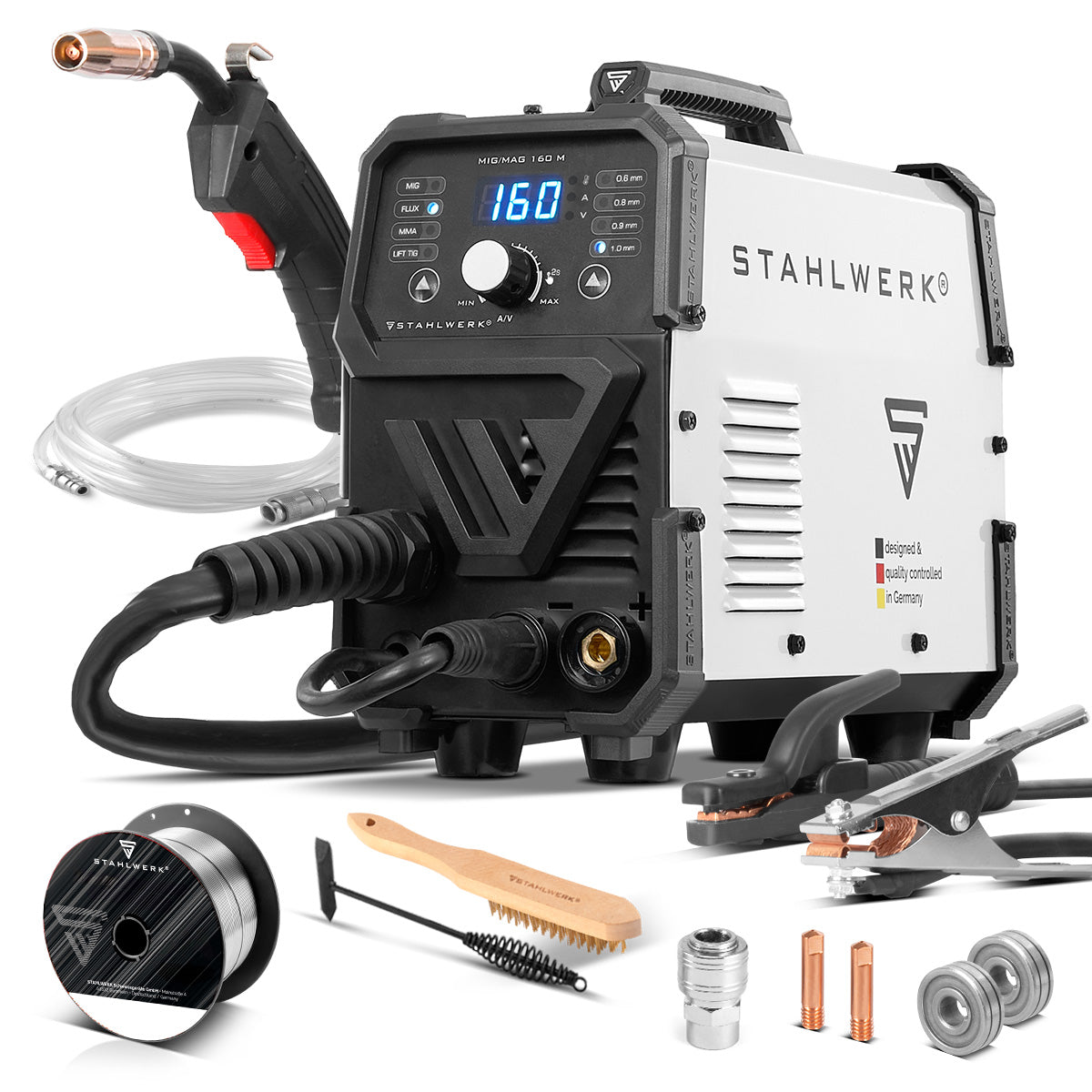 Máquina de soldar STAHLWERK MIG/MAG 160 M Dispositivo combinado 5 en 1 totalmente sinérgico con 160 amperios reales y 2 rollos de hilo conductor/con núcleo, MIG MAG, ARC MMA, Lift TIG