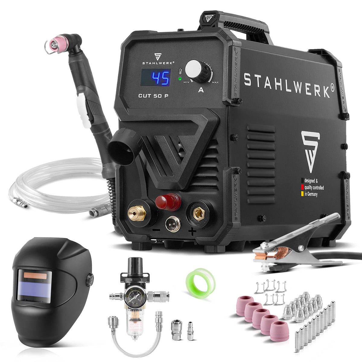 STAHLWERK Plasmaschneider CUT 50 P Vollausstattung | 45 A Inverter-Plasmaschneider | HF-Pilotzündung | Digitalanzeige | Schneidleistung bis 15 mm | Smart-Kühlung