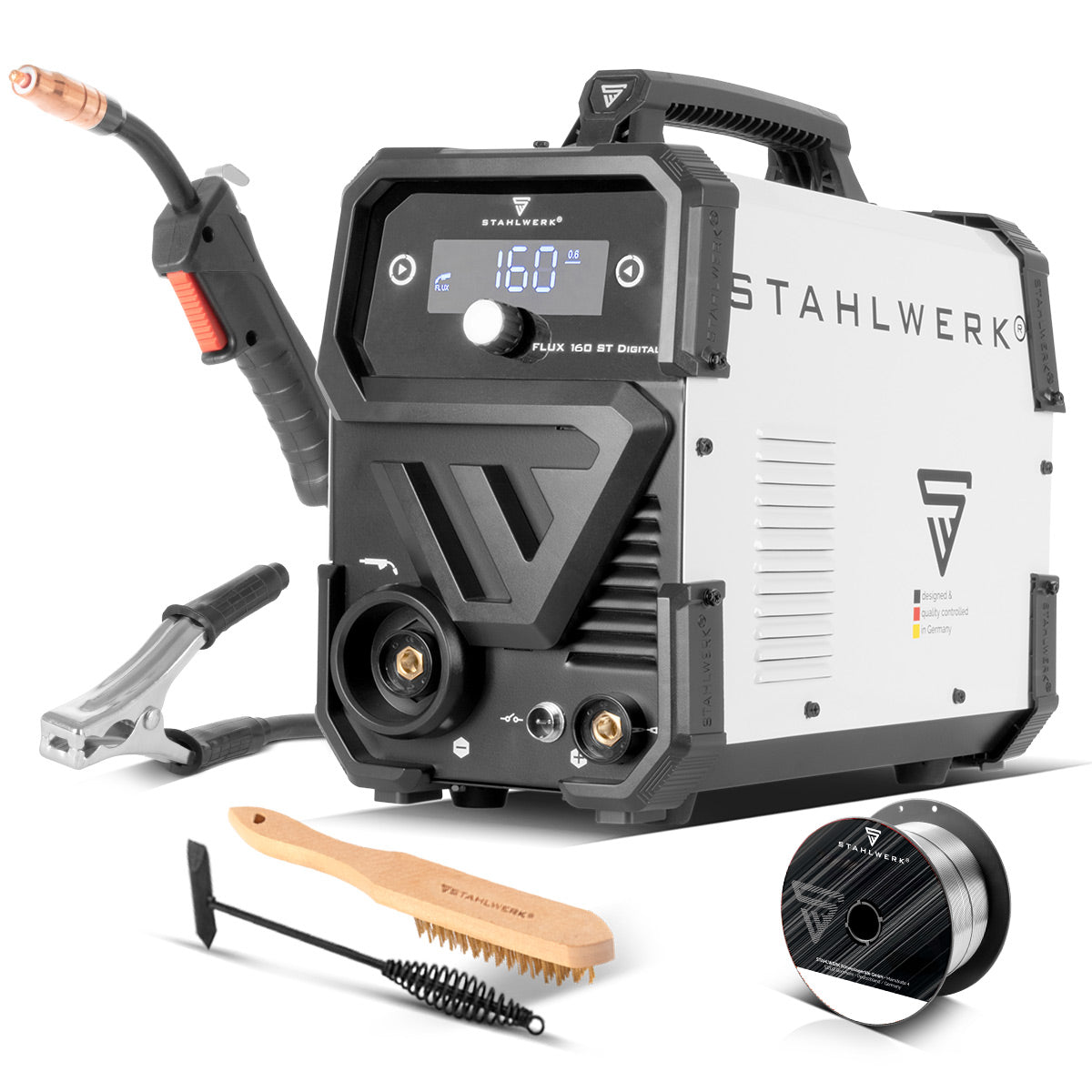 STAHLWERK FLUX 160 ST Digital | 3-in-1 Fülldraht-Inverter 160 A | Schweißgerät für FLUX, MMA, Lift-TIG | Synergischer Drahtvorschub | Schweißen ohne Schutzgas | Digitales Display | Einfache Bedienung