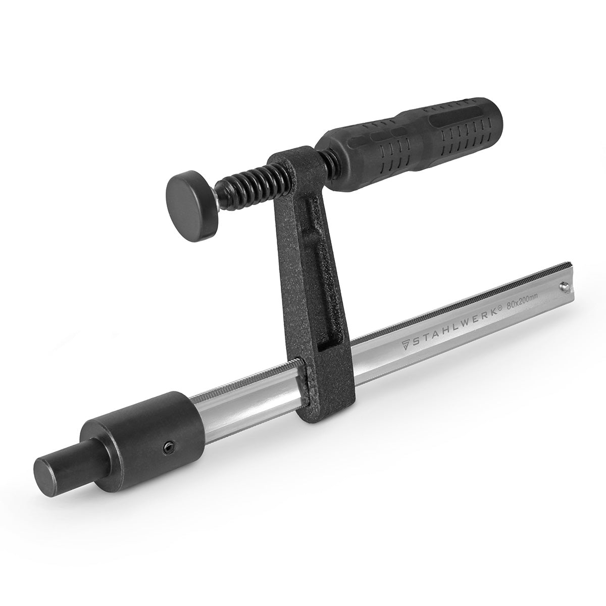 Pince de serrage STAHLWERK pour tables de soudage F-Clamp avec plage de serrage 80 x 200 mm| Système D 16 trous | Fixe en toute sécurité les pièces | Arbre nickelé | Rail de guidage profilé | Poignée à bascule entièrement caoutchoutée
