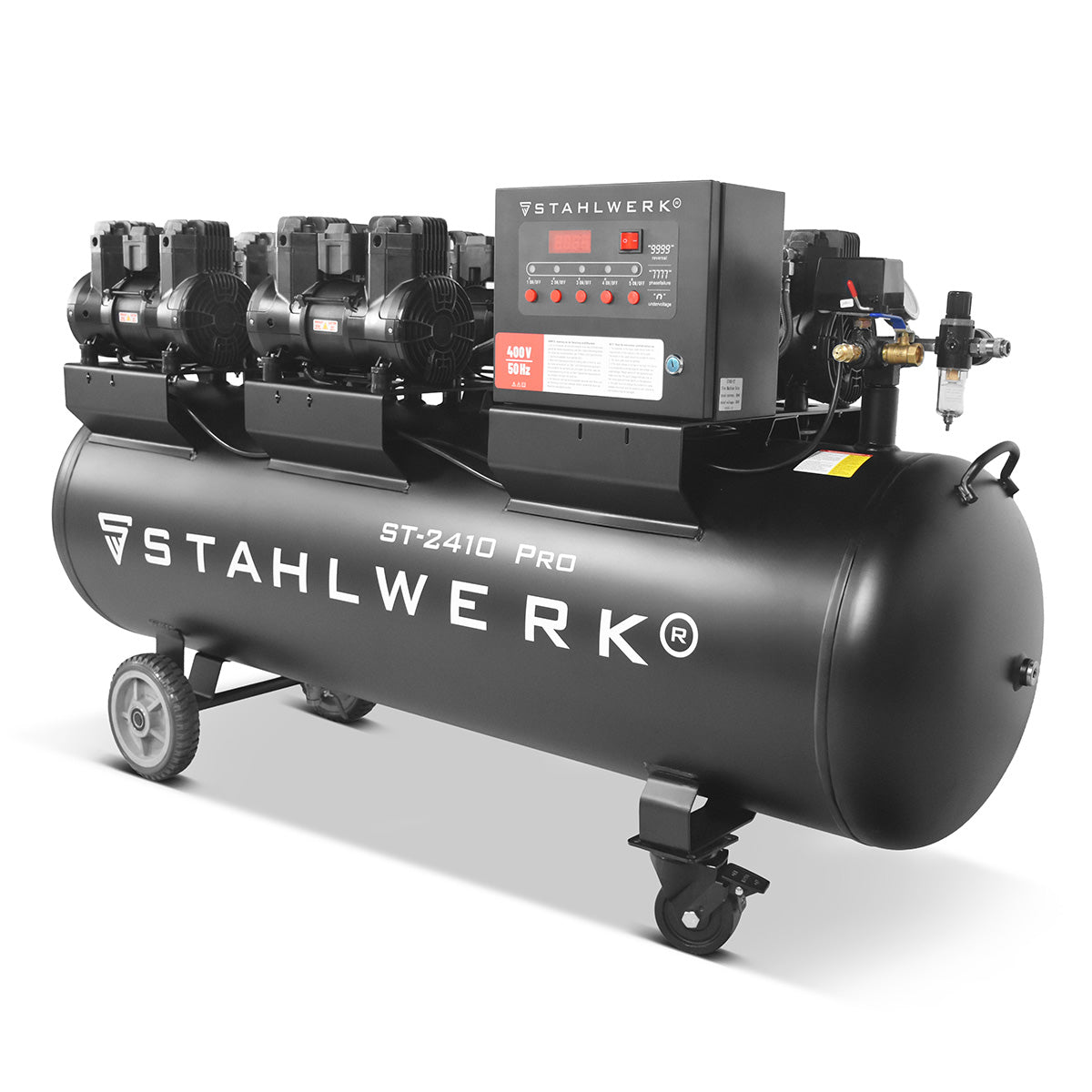 Compressore STAHLWERK ST-2410 Pro con 10 bar | 9,86 cv | 7,25kW| 1250 l/min | Compressore d'aria compressa oil-free con serbatoio da 240 L | Compressore a pistone | Compressore silenzioso | Compressore Whisper con motori brushless