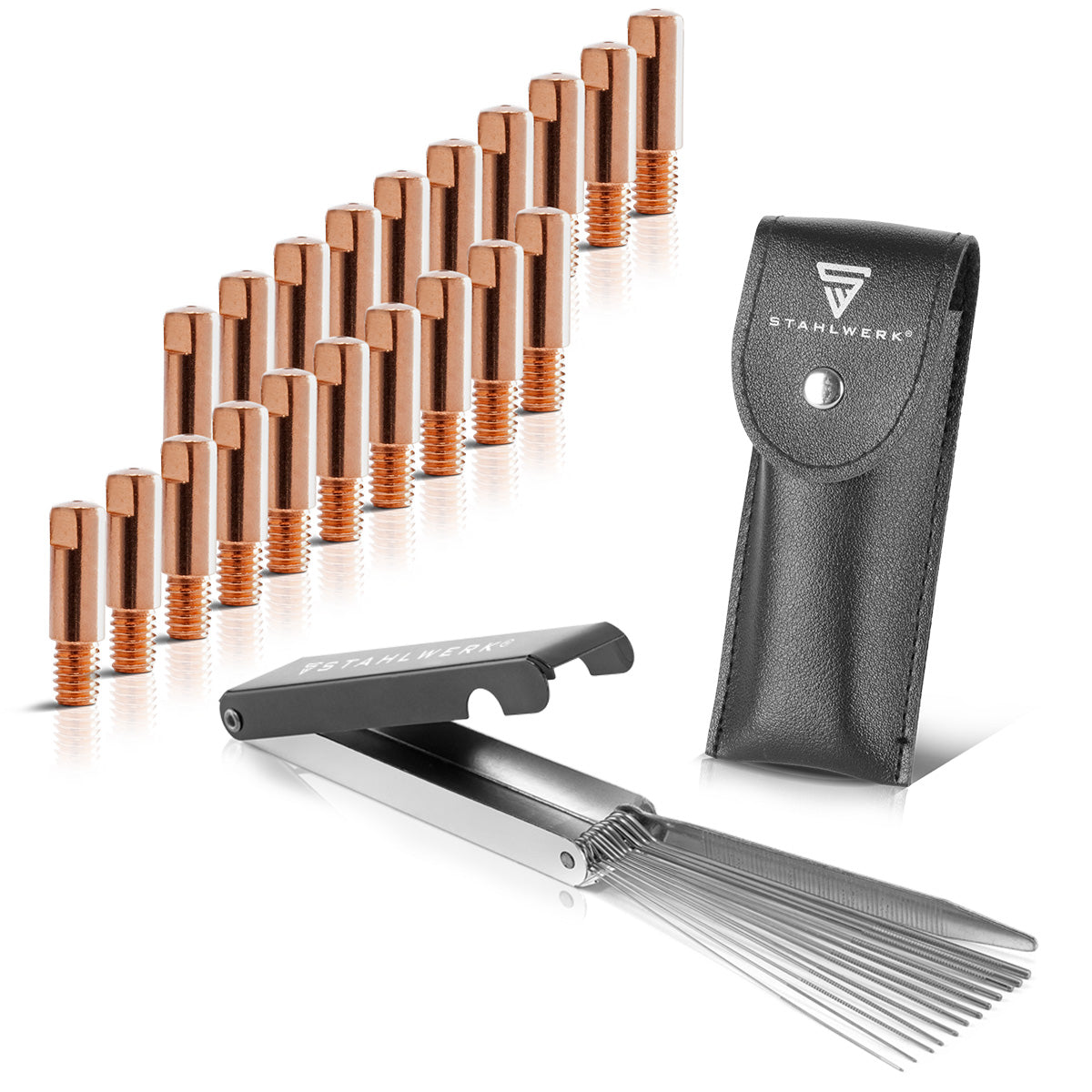 STAHLWERK MIG MAG Stromdüsen-Set | 20er Set Stromdüsen M6x25 1,0 mm |13-in-1 Düsenreiniger im Etui | Zubehör für AK15, MB15, AK14, MB14 | Reinigungs- und Verschleißteile-Set für MIG/MAG-Schweißbrenner