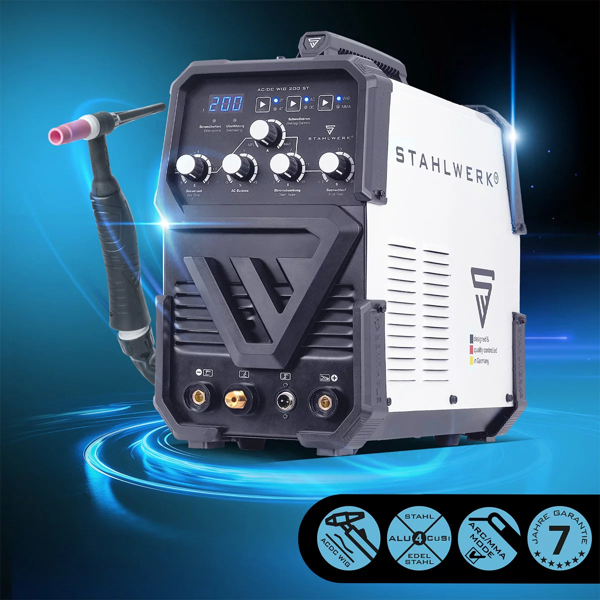 STAHLWERK AC/DC WIG 200 ST | WIG-Schweißgerät mit 200 A | Kombi-Inverter AC/DC WIG und MMA/E-Hand | HF-Zündung | Hotstart und Anti-Stick | 2T und 4T-Modus | AC WIG-Schweißen für Aluminium