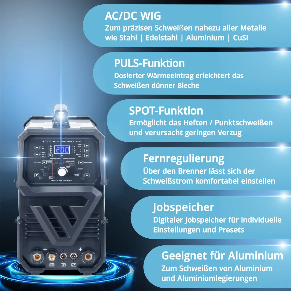 STAHLWERK AC/DC WIG 200 Puls Pro Vollausstattung - Digitales Schweißgerät | 200 Ampere, ARC/MMA Funktion, Job-Speicher und IGBT-Technologie, geeignet für Alu und Dünnblech