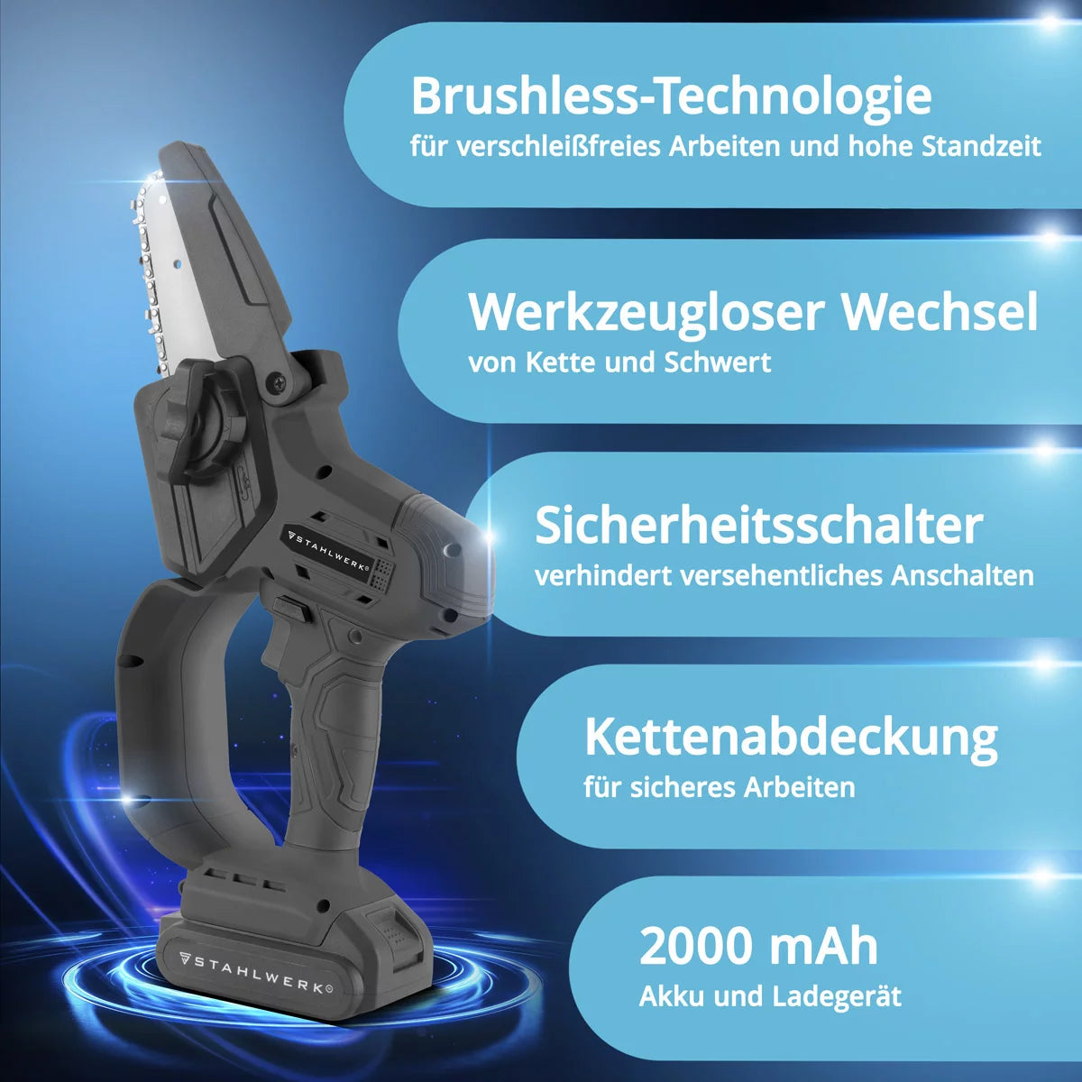 STAHLWERK Mini-Akku-Kettensäge MAK-20 ST mit 2000 mAh Akku | Leistungsstarke Handkettensäge zum Schneiden von Holz aller Art | Elektrische Motorsäge mit Brushless-Technologie | Kompakte Akku-Säge