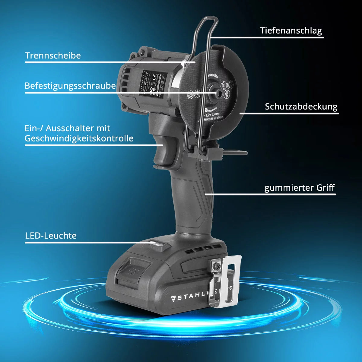 Mini amoladora angular inalámbrica STAHLWERK MAW-20 ST con batería de 2000 mAh | Amoladora angular manual para cortar metal, azulejos y madera | Minisierra eléctrica con tecnología sin escobillas.