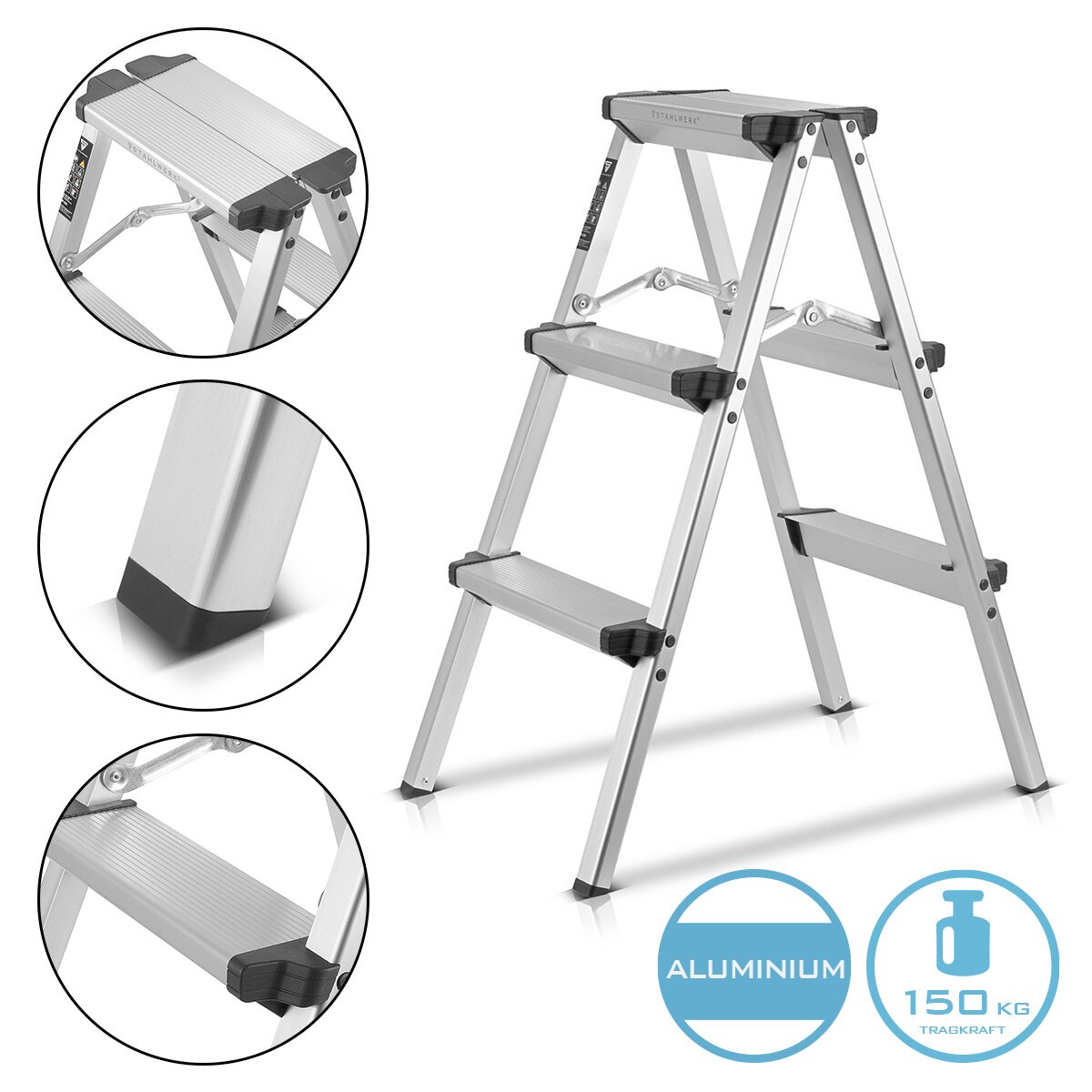 Escalera de tijera de aluminio STAHLWERK ALT-150 ST hasta 150 kg, 3 peldaños, altura de pie 72 cm, escalera de aluminio | Escalera plegable | Peldaño plegable | Escalera multiusos | Escalera de tijera con peldaños antideslizantes.