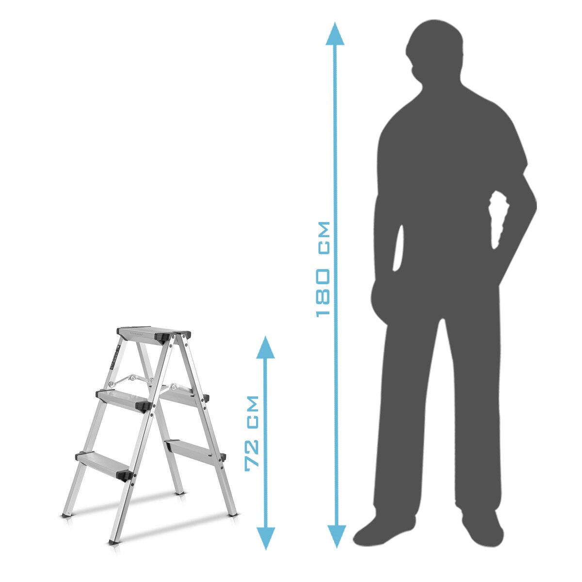 Escalera de tijera de aluminio STAHLWERK ALT-150 ST hasta 150 kg, 3 peldaños, altura de pie 72 cm, escalera de aluminio | Escalera plegable | Peldaño plegable | Escalera multiusos | Escalera de tijera con peldaños antideslizantes.