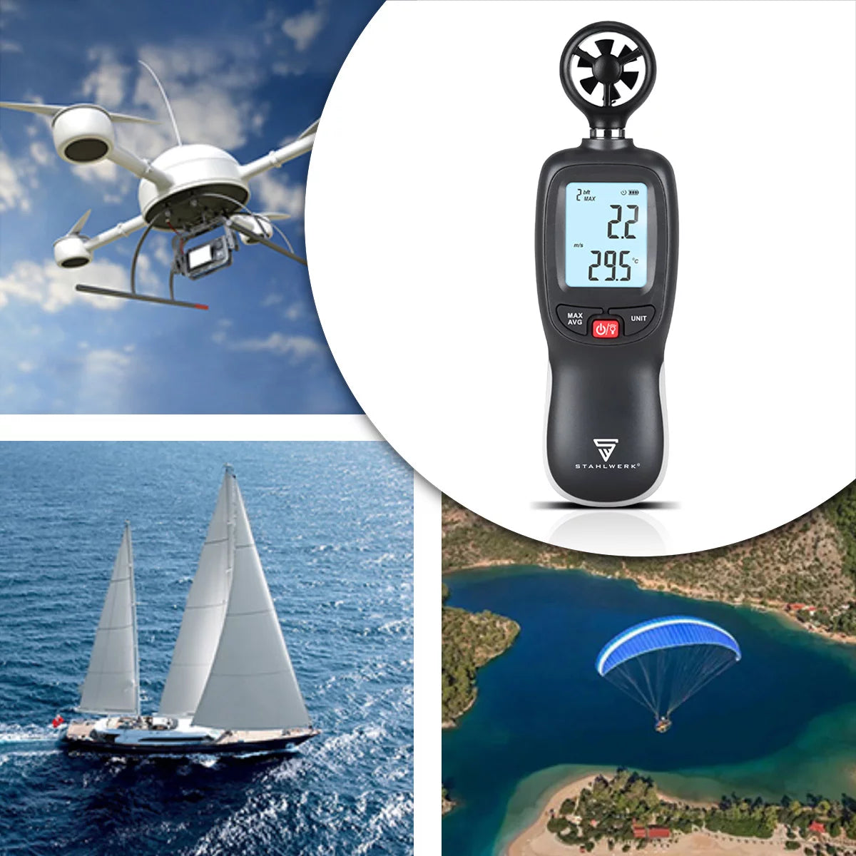 STAHLWERK Anemometer | Kompakter Luftgeschwindigkeitsmesser 30 m/s | Windmessgerät | Luftstrommesser | Präzise Messung von Windgeschwindigkeitsdaten | Digitales Lufttemperaturmessgerät mit LCD-Display