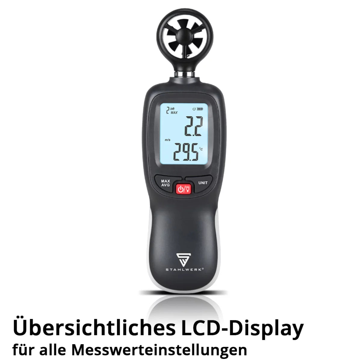STAHLWERK Anemometer | Kompakter Luftgeschwindigkeitsmesser 30 m/s | Windmessgerät | Luftstrommesser | Präzise Messung von Windgeschwindigkeitsdaten | Digitales Lufttemperaturmessgerät mit LCD-Display