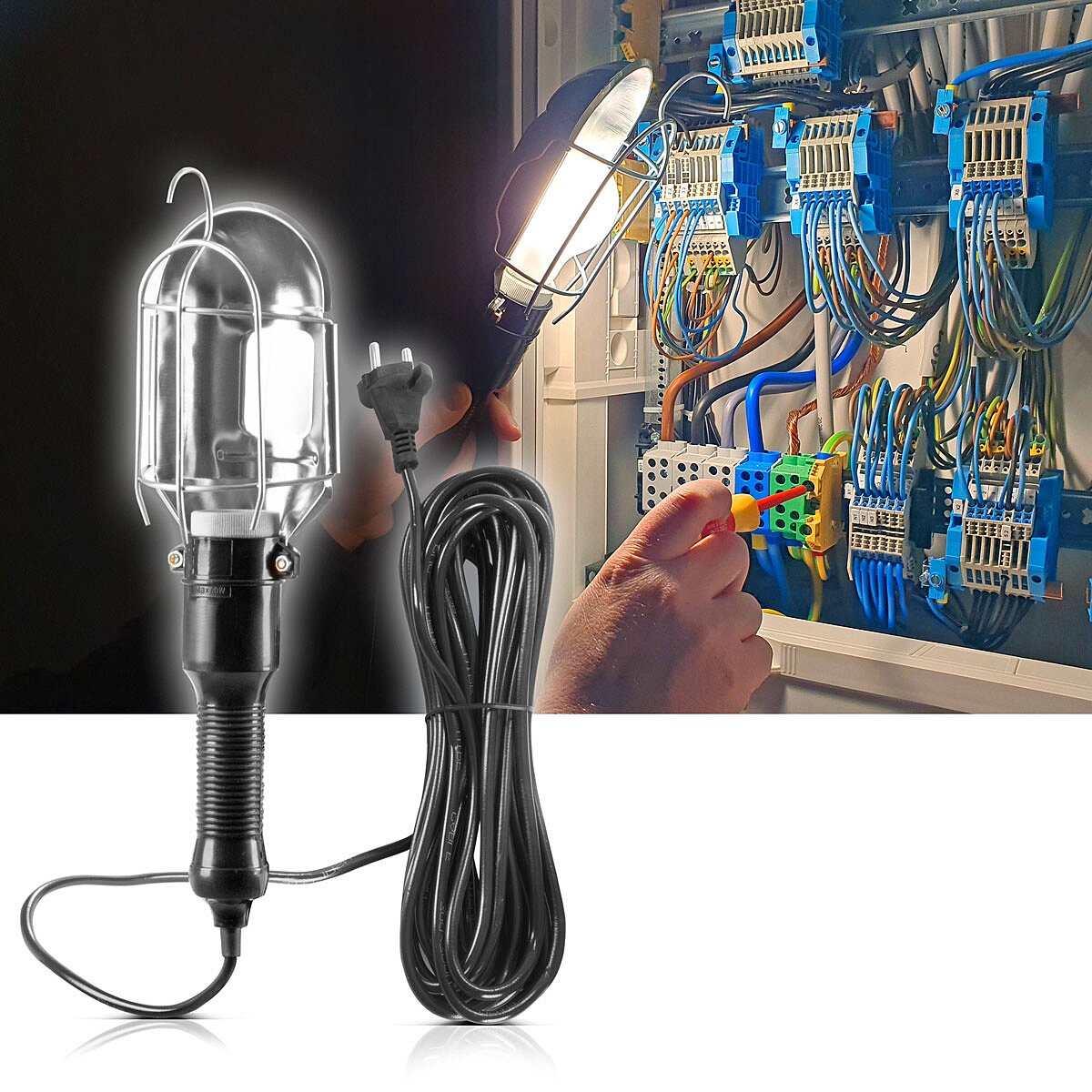 STAHLWERK work light with E27 socket up to max. 60 W workshop light with 10 m cable, hanging hook and rubberized handle, construction light | Work lamp | Hand lamp for repairs and renovation work