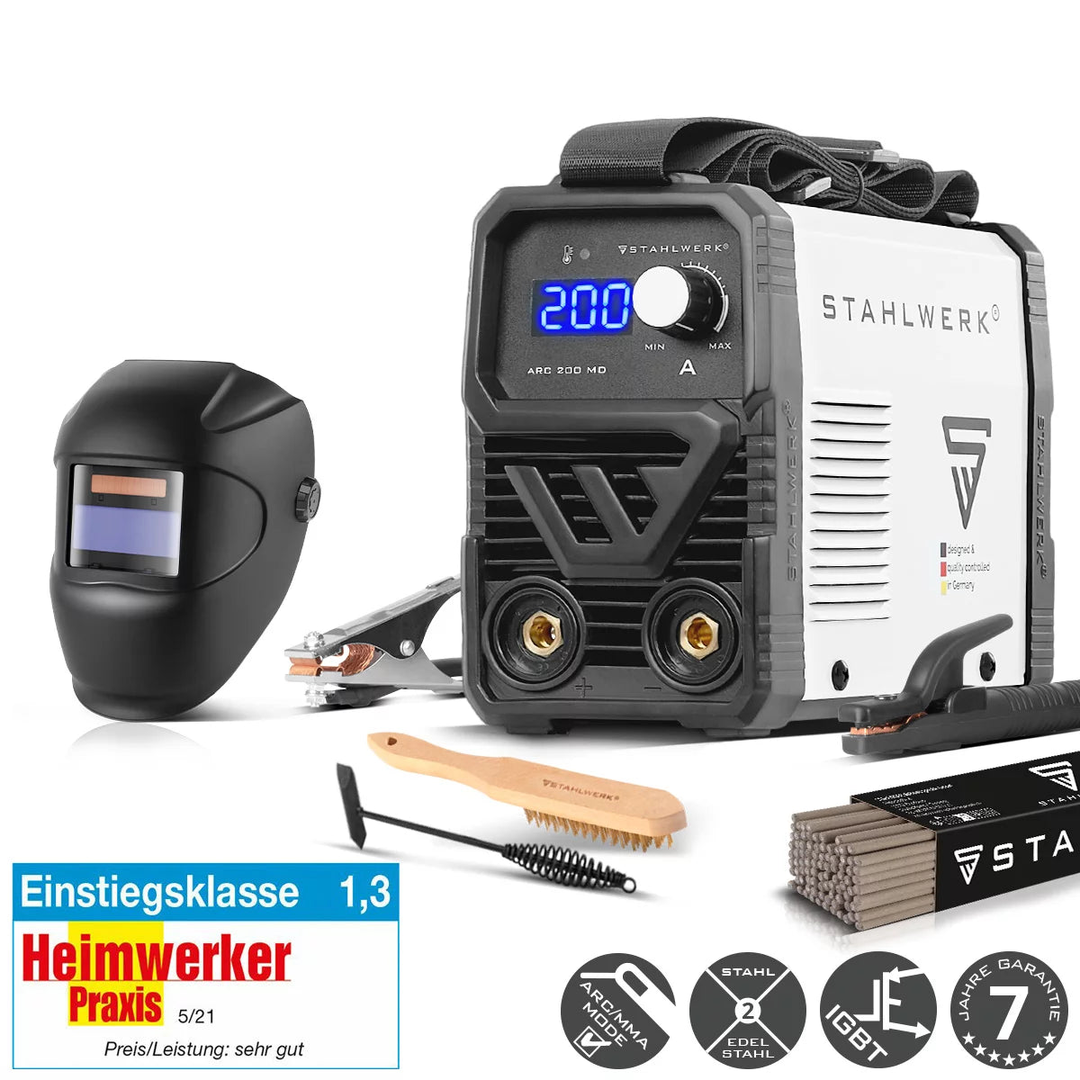 STAHLWERK Elektroden-Schweißgerät ARC 200 MD mit 200 Ampere| Vollausstattung | Schweißhelm | Elektroden | DC MMA/E-Hand | Lift-TIG | Hot-Start | Smartkühlung | Single-Board | Sehr kompakt