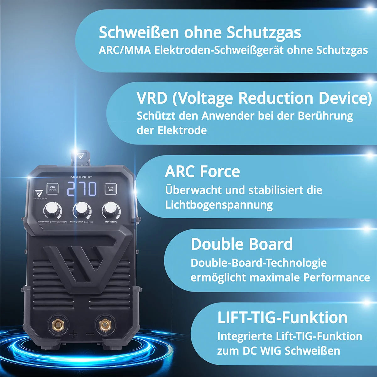Saldatrice IGBT completamente attrezzata STAHLWERK ARC 270 ST Saldatrice DC MMA / E-hand, funzione lift-TIG con 270 A reali, molto compatta, 400 V, bianco