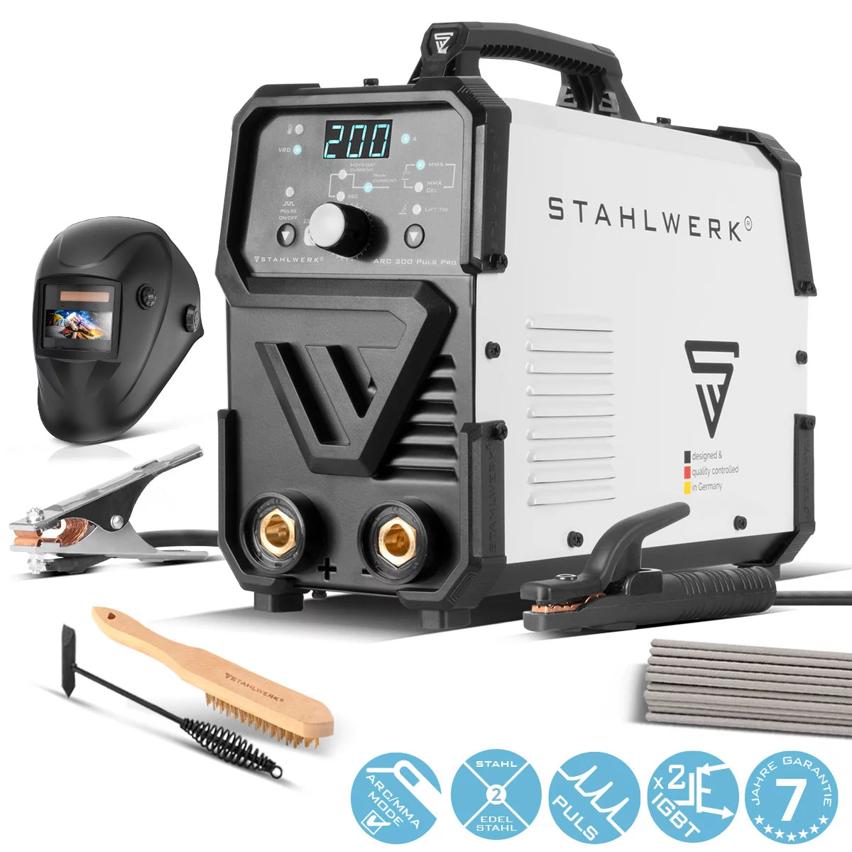 Saldatrice ad elettrodo STAHLWERK ARC 200 Puls Pro completamente attrezzata, compatta MMA | E-mano | Inverter Lift-TIG da 200 A, tecnologia IGBT e funzione pulsata