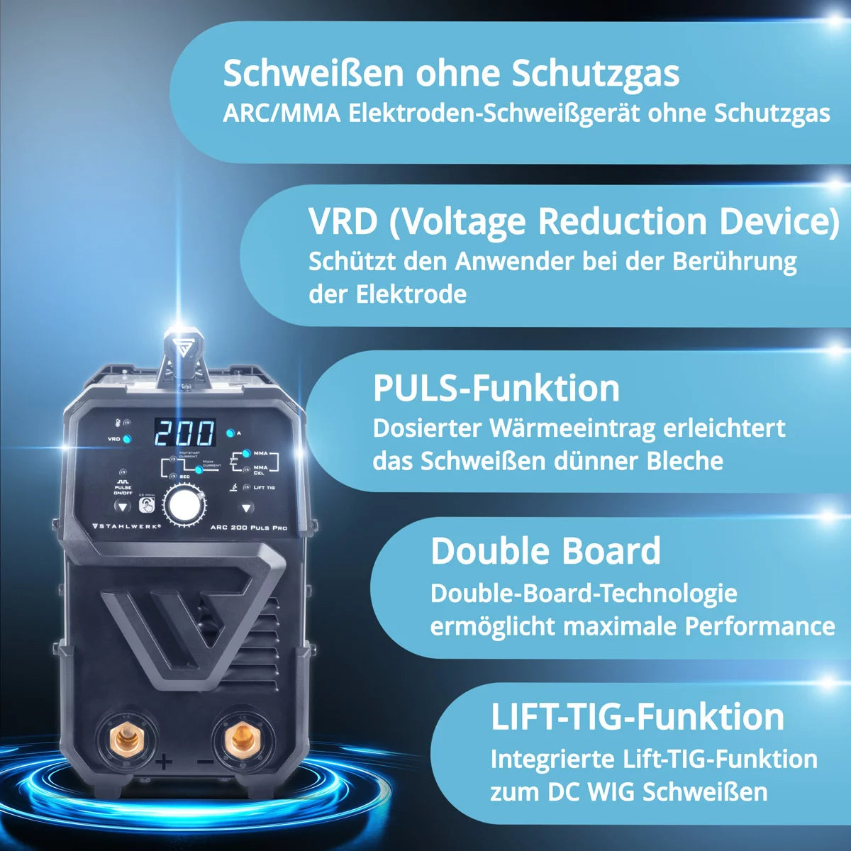 STAHLWERK ARC 200 Puls Pro electrode welding machine, compact MMA | E-hand | Lift-TIG inverter with 200 amps, IGBT technology and pulse function