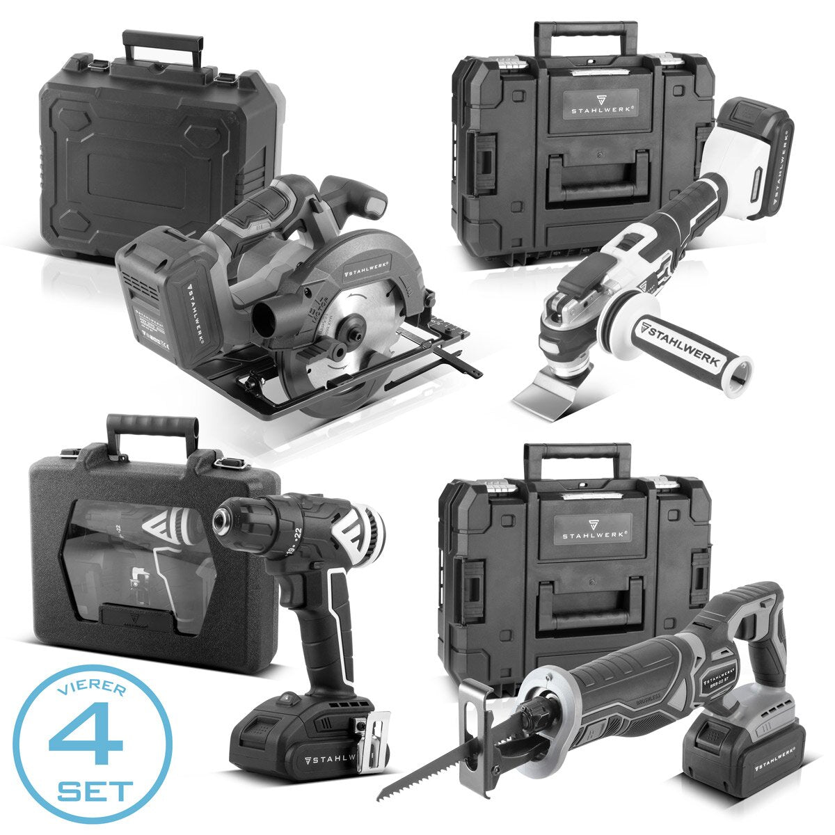 STAHLWERK brushless battery set | Hand circular saw AKS-20 ST | Oscillating multifunctional tool OMTB-20 ST | Reciprocating saw BRS-20 ST | Drill driver ABS-18 ST