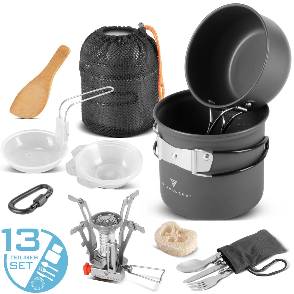 Set di pentole da campeggio STAHLWERK | Set completo di stoviglie da campeggio in alluminio con pentola, padella, fornello a gas, ciotole in plastica e posate | set da cucina per esterni di alta qualità