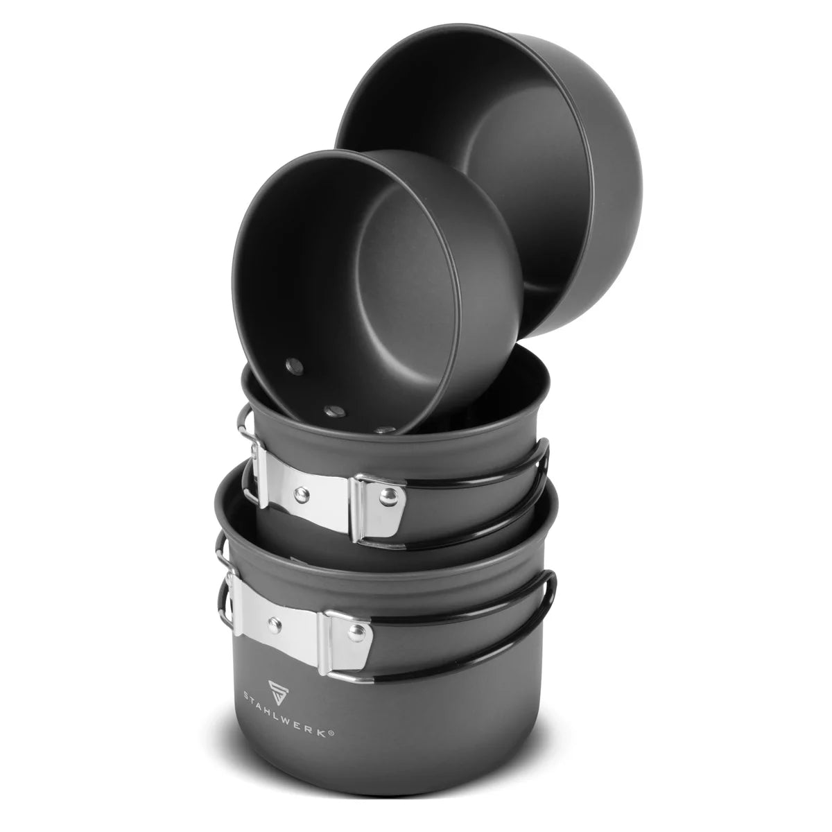 Set di pentole da campeggio STAHLWERK 4 pezzi in alluminio Pentole da esterno con rivestimento antiaderente | Set da cucina da campeggio con pentole e coperchi | Set di vasi da esterno | Stoviglie da campeggio