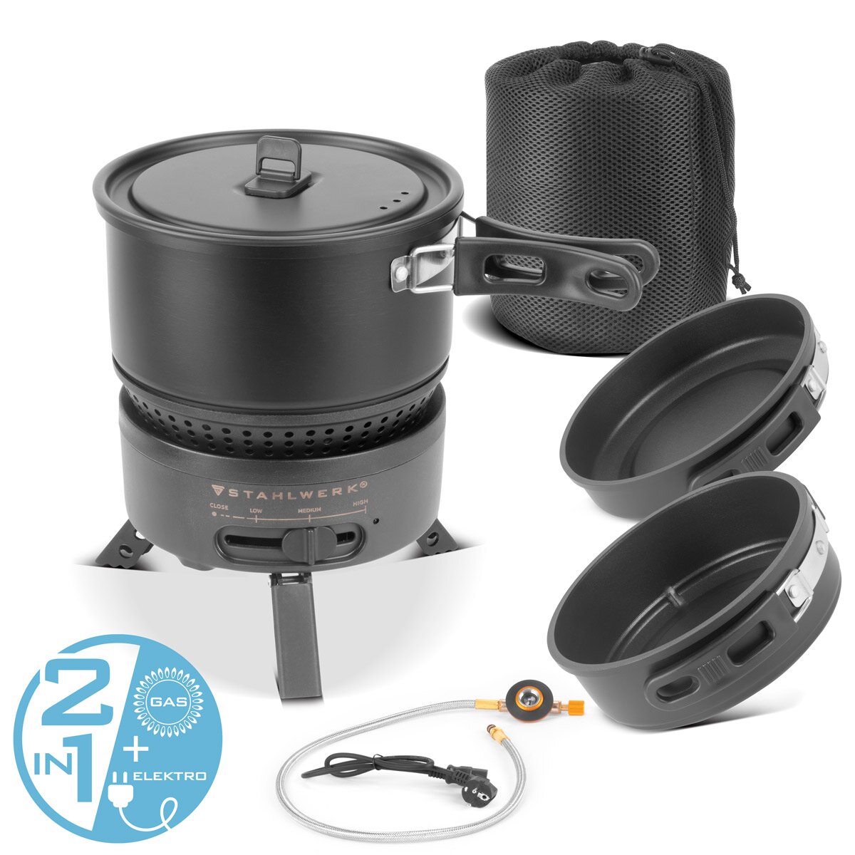 STAHLWERK camping stove CK-700 ST 2-in1 electric and gas stove | Outdoor stove | Camping tableware | Cartridge cooker | Camping cooking set with pot and pans