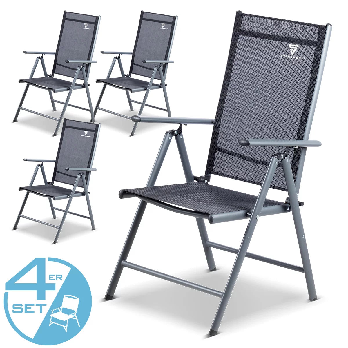 Sedia da campeggio STAHLWERK CS-103 ST Set di 4 sedie da giardino | Sedia pieghevole | sedia pieghevole | Sedia in alluminio | Sedia con schienale alto | Mobili da giardino | Sedia da pesca | Sedia da balcone con braccioli e schienale regolabile