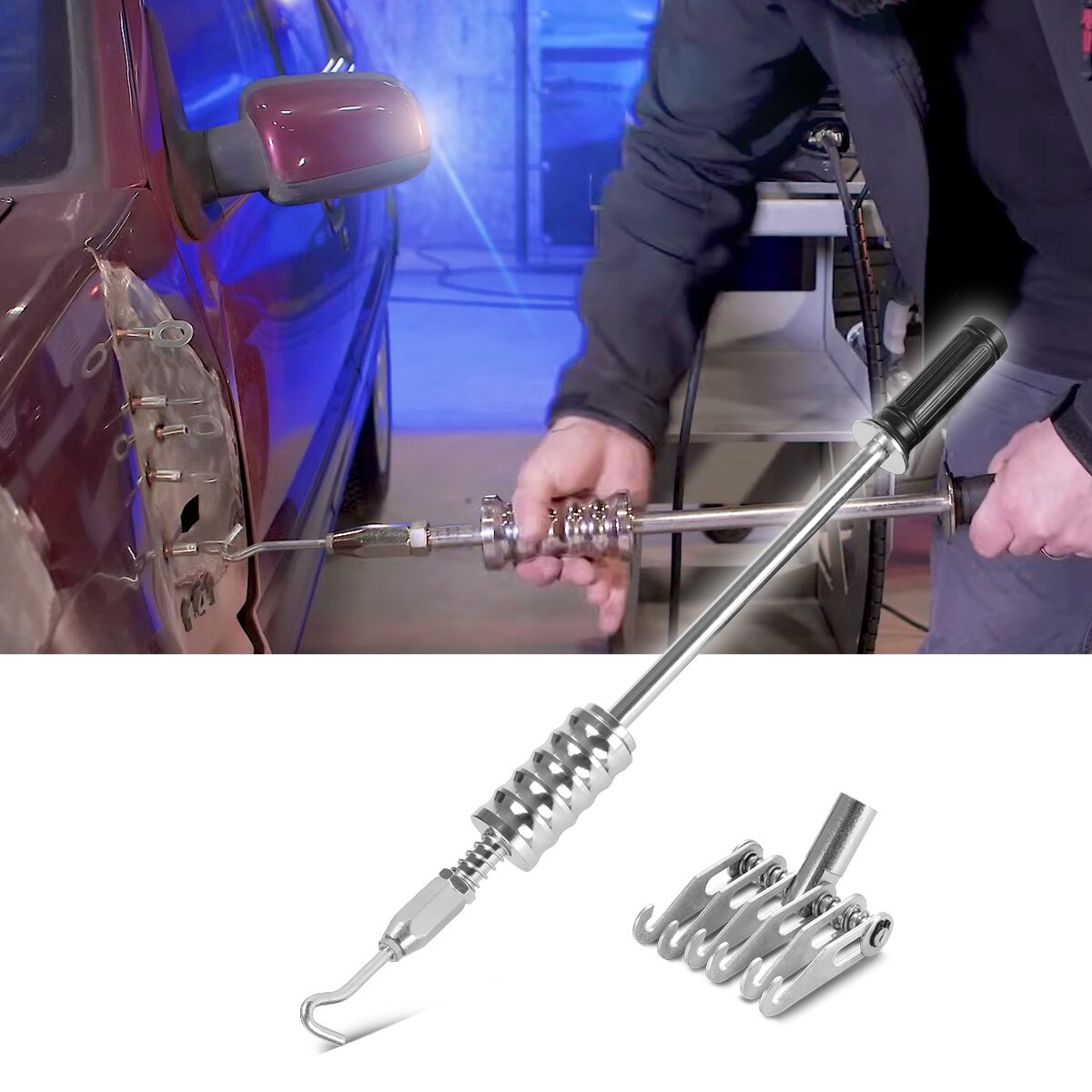 STAHLWERK Dellenzieher Set mit Ausbeulkralle und verchromtem Gleithammer | Smart Repair Zubehör für Ausbeulspotter | Dellenlifter Ausbeulwerkzeug zur professionellen Reparatur von Kfz-Karosserien