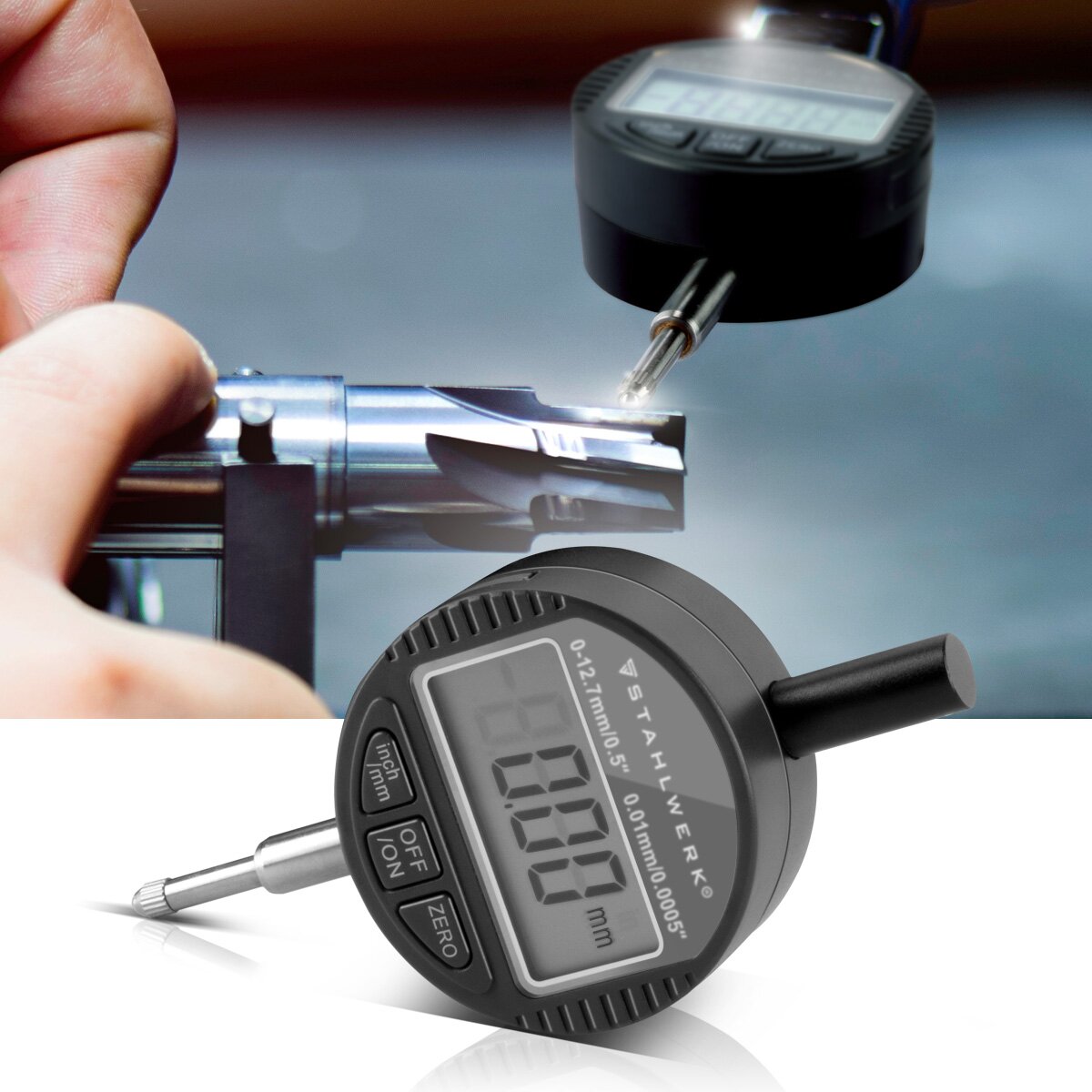 STAHLWERK digital dial indicator with 0-12.7 mm (0.5") measuring range, measuring probe for precision measurements in millimeters and inches