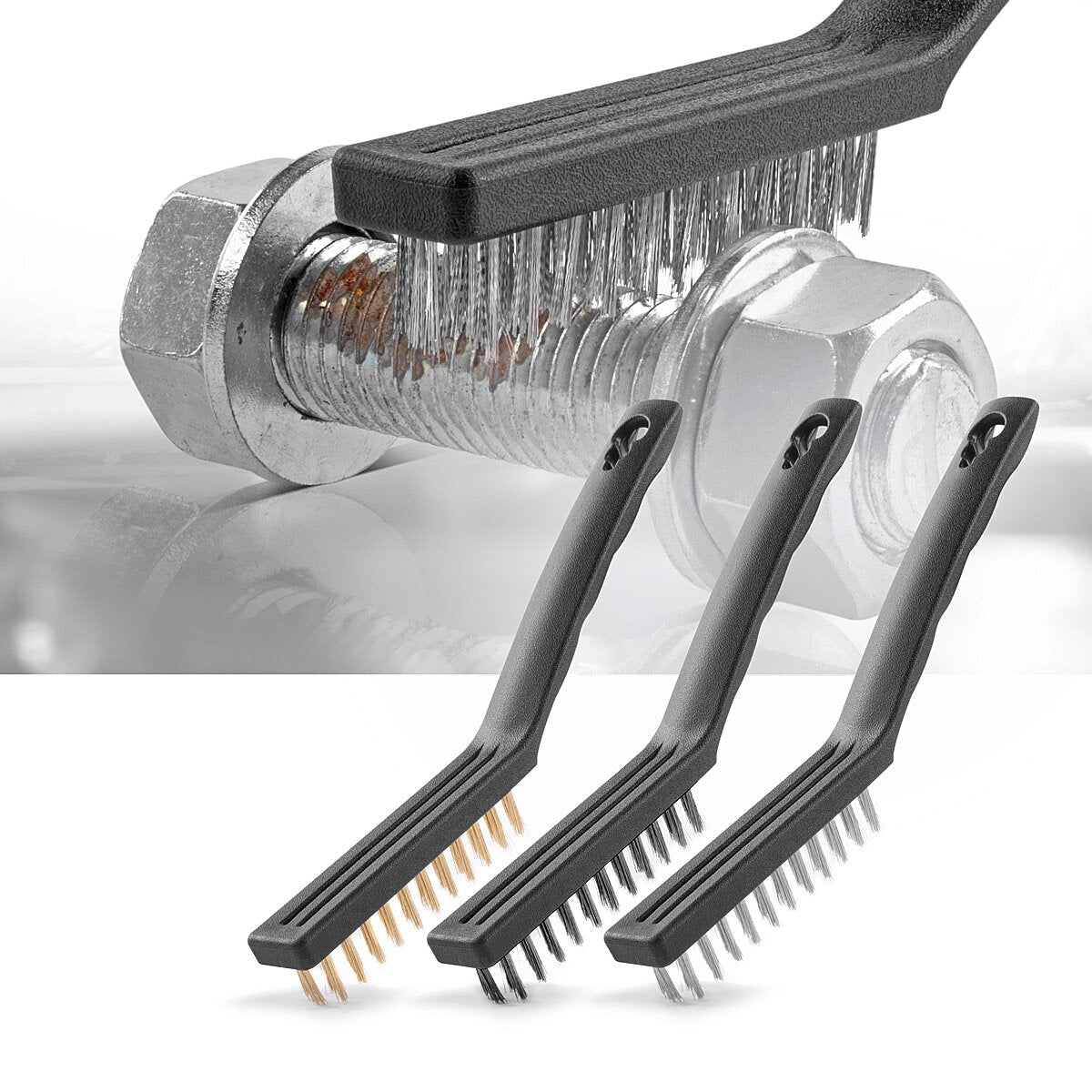 Jeu de brosses métalliques STAHLWERK 220 mm (9 pouces) Jeu de 3 brosses comprenant une brosse en laiton, une brosse en acier et une brosse en nylon pour un nettoyage efficace des surfaces