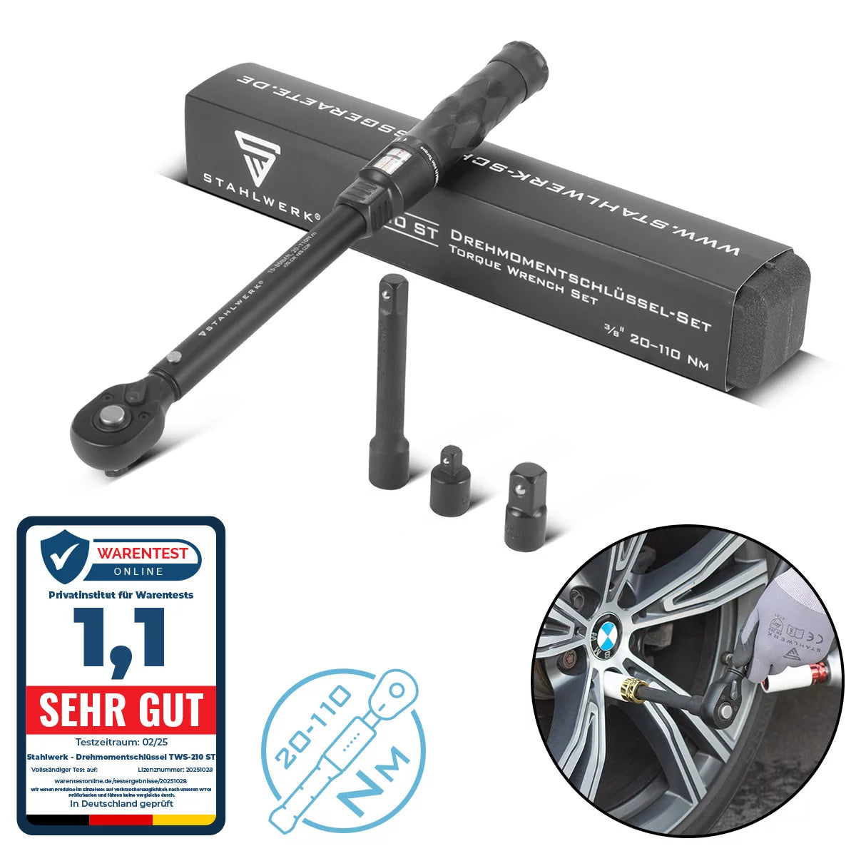 STAHLWERK Drehmomentschlüssel TWS-110 ST 20-110 Nm 3/8“ Umschaltknarre | Ratschenschlüssel | Ratsche | Knarre mit Mikrometerskala inklusive Verlängerungsstange, 1/2“ und 1/4“ Adapter