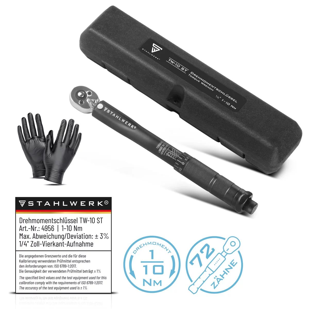 STAHLWERK Drehmomentschlüssel TW-10 ST 1-10 Nm 1/4“ Zoll Umschaltknarre | Ratschenschlüssel | Ratsche | Knarre mit Mikrometerskala