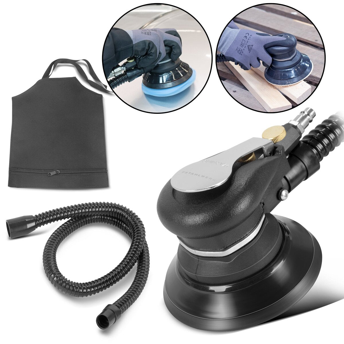 Lijadora excéntrica de aire comprimido STAHLWERK DES-125 ST | Lijadora de aire comprimido con plato lijador de 125 mm | Máquina pulidora para pulir y desbastar metal, plástico y madera, incluye sistema de aspiración y bolsa para el polvo