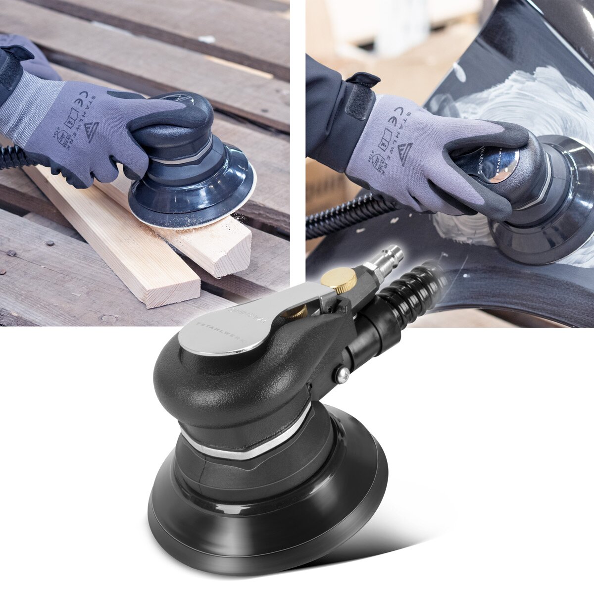 STAHLWERK compressed air eccentric sander DES-125 ST | Compressed air sander with 125 mm sanding plate | Polishing machine for polishing and grinding metal, plastic and wood including suction system and dust bag