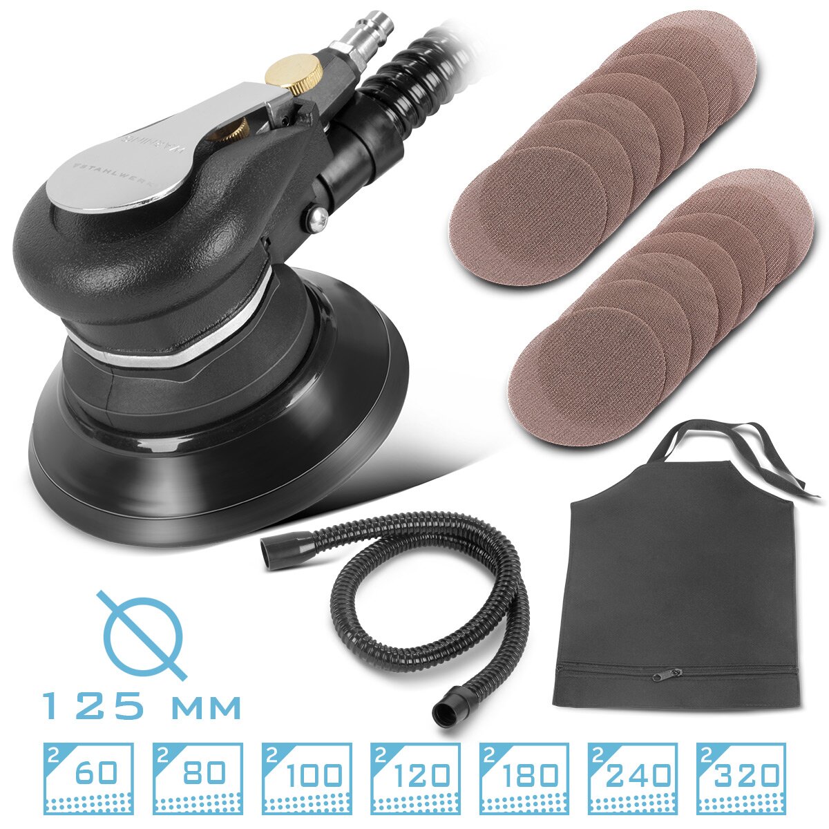 Lijadora excéntrica de aire comprimido STAHLWERK DES-125 ST con juego de 14 discos de lijado con velcro de malla Lijadora de aire comprimido P60-P320 con disco de lijado de 125 mm | Pulidora con sistema de aspiración y bolsa para polvo.