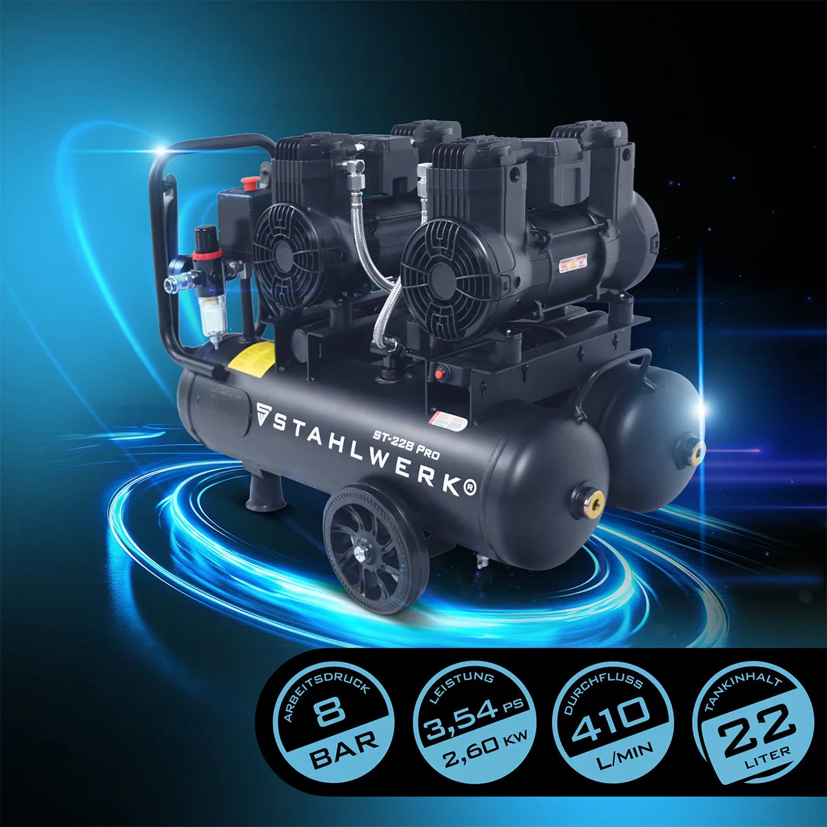 STAHLWERK Kompressor ST-228 Pro mit 8 bar | 3,54 PS | 2,6 kW | 410 l/min | 22 L Tank ölfreier Druckluft-Kompressor | Kolben-Kompressor | Silent-Kompressor | Flüster-Kompressor mit Brushless-Motoren