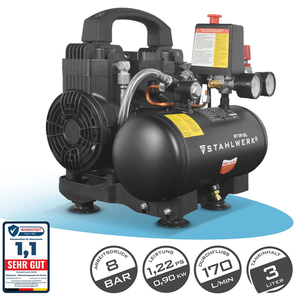 STAHLWERK Kompressor ST-38 BL mit 8 bar | 1,22 PS | 0,90 kW | 170 l/min | 3 L Tank ölfreier Druckluft-Kompressor | Kolben-Kompressor | Silent-Kompressor | Flüster-Kompressor mit Brushless-Motoren
