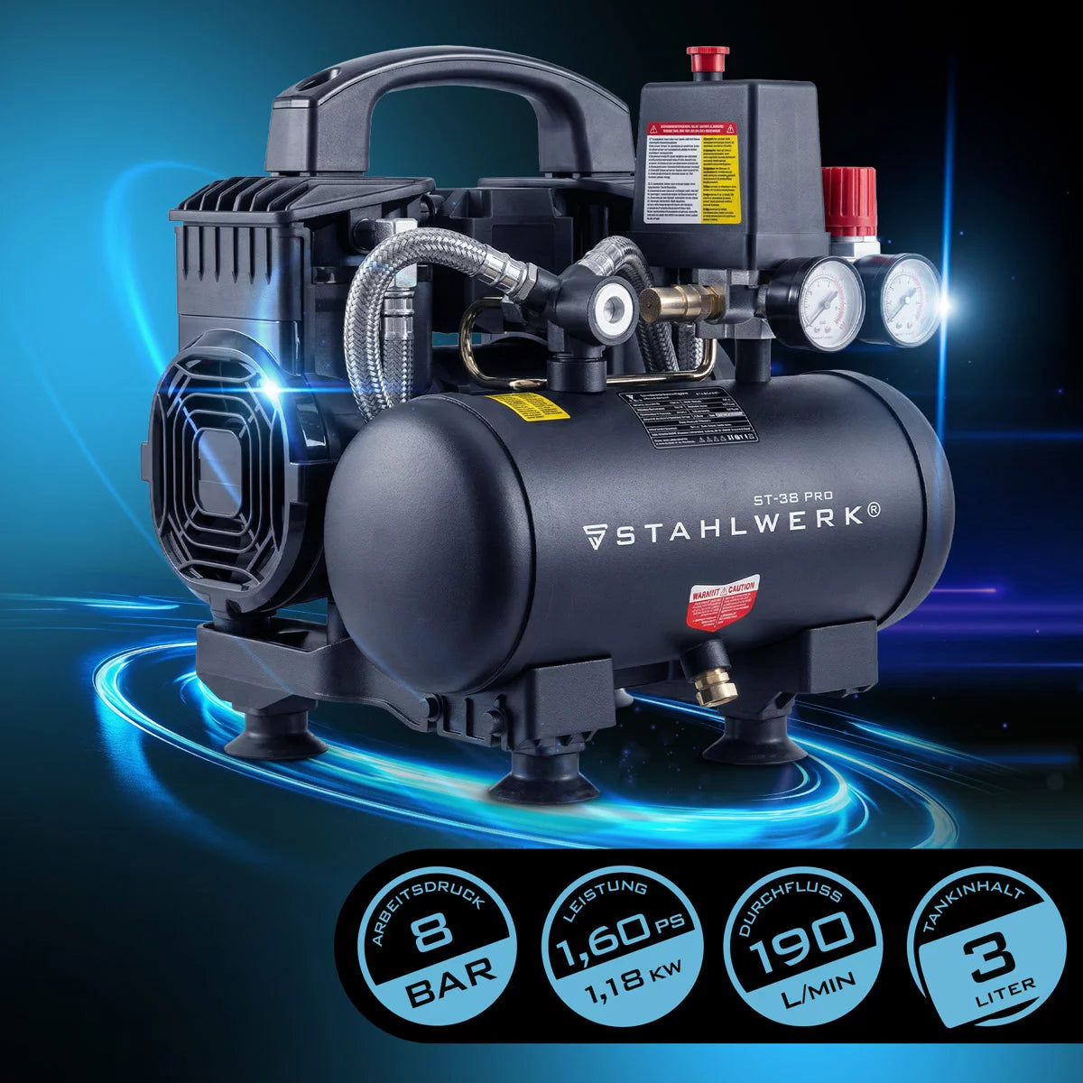 STAHLWERK Kompressor ST-38 Pro mit 8 bar | 1,60 PS | 1,18 kW | 190 l/min | 3 L Tank ölfreier Druckluft-Kompressor | Kolben-Kompressor | Silent-Kompressor | Flüster-Kompressor mit Brushless-Motoren