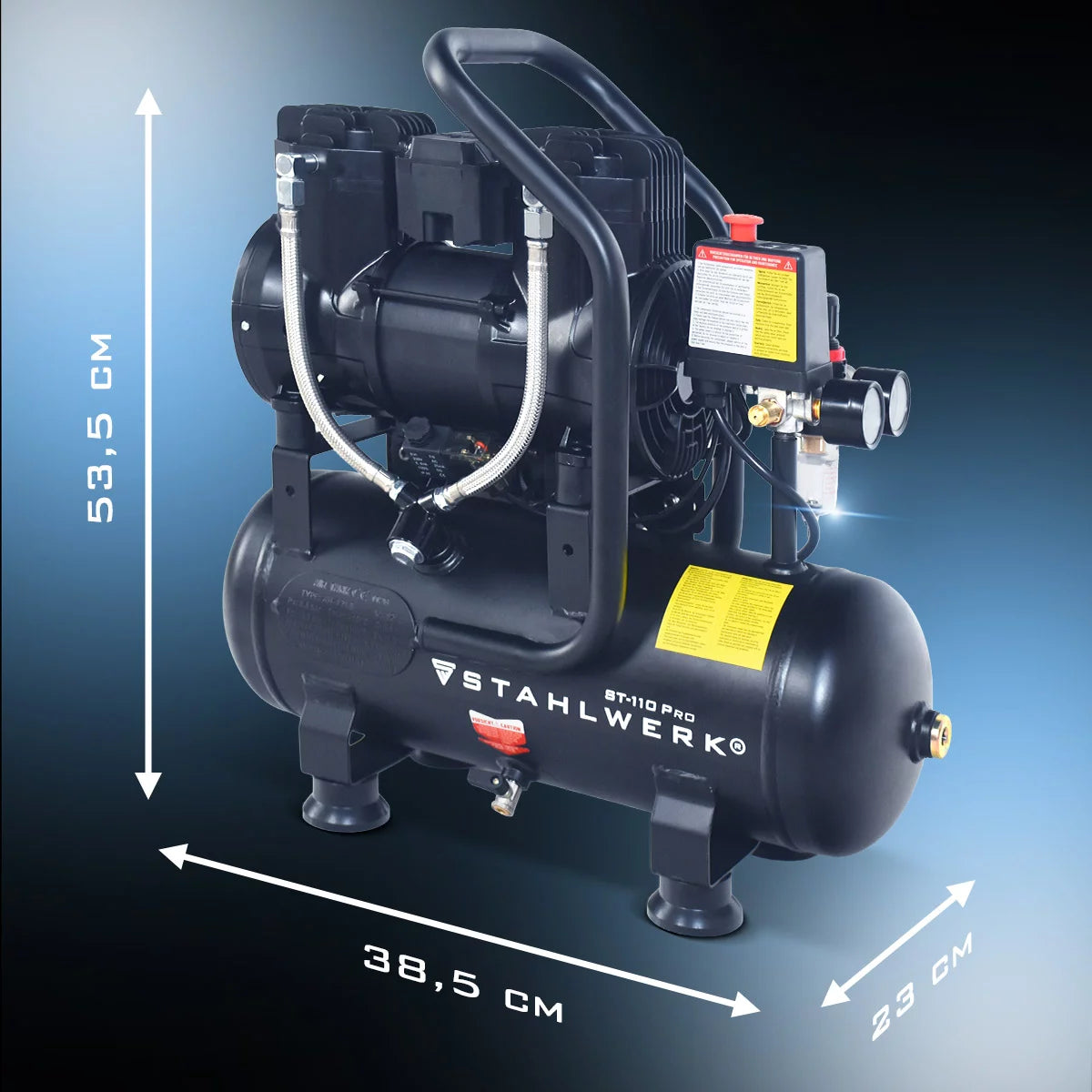 STAHLWERK compressor ST-110 Pro with 8 bar | 1.97 HP | 1.45kW | 250 l/min | 10 liter tank oil-free compressed air compressor | Piston compressor | Silent compressor | Whisper compressor with brushless motors