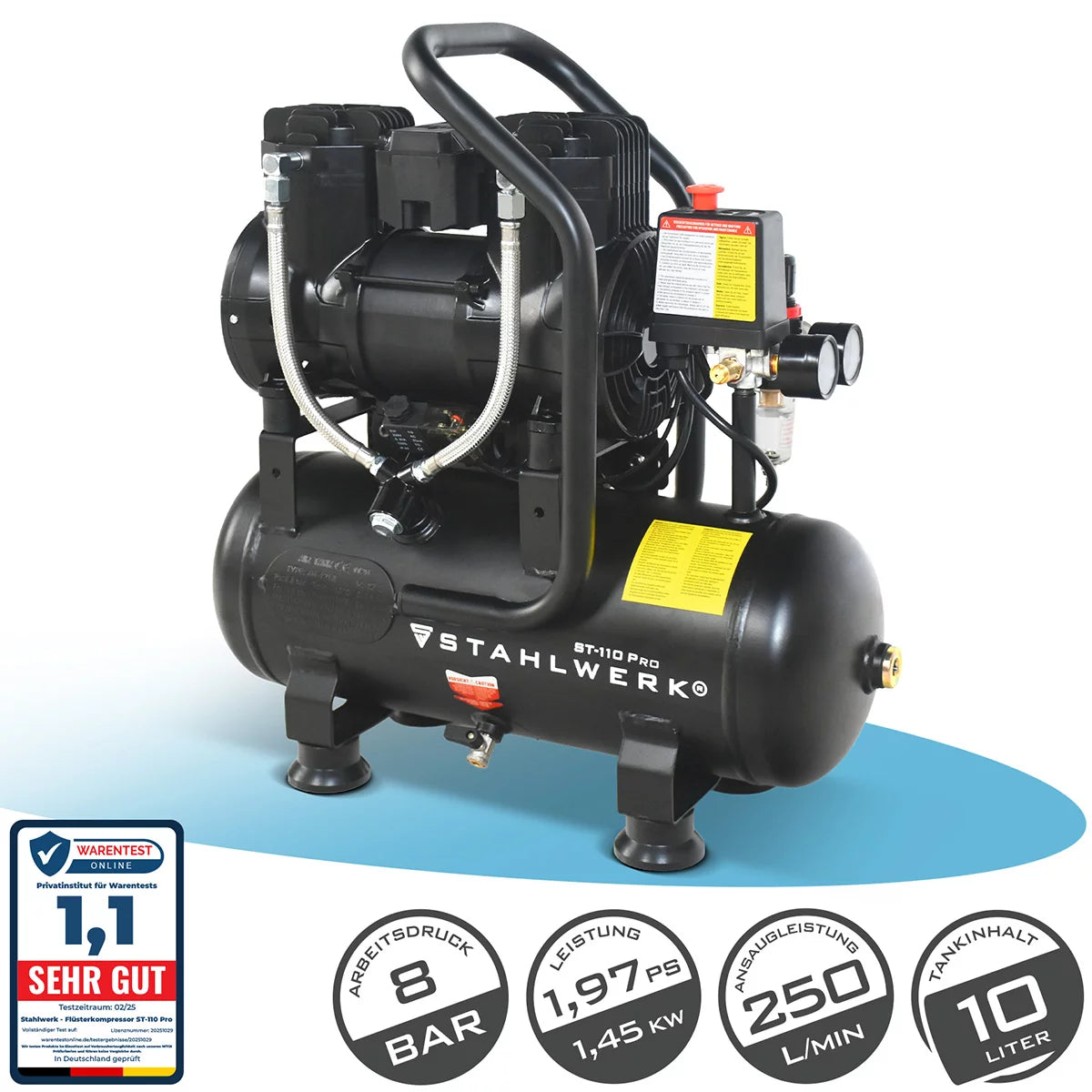 STAHLWERK Kompressor ST-110 Pro mit 8 bar | 1,97 PS | 1,45 kW | 250 l/min | 10 l Tank ölfreier Druckluft-Kompressor | Kolben-Kompressor | Silent-Kompressor | Flüster-Kompressor mit Brushless-Motoren